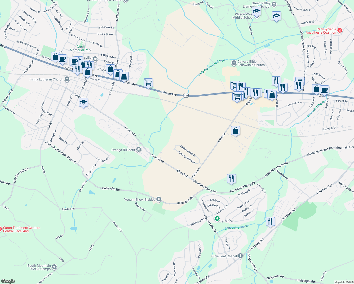 map of restaurants, bars, coffee shops, grocery stores, and more near 37 Mellowbrook Dr in Sinking Spring