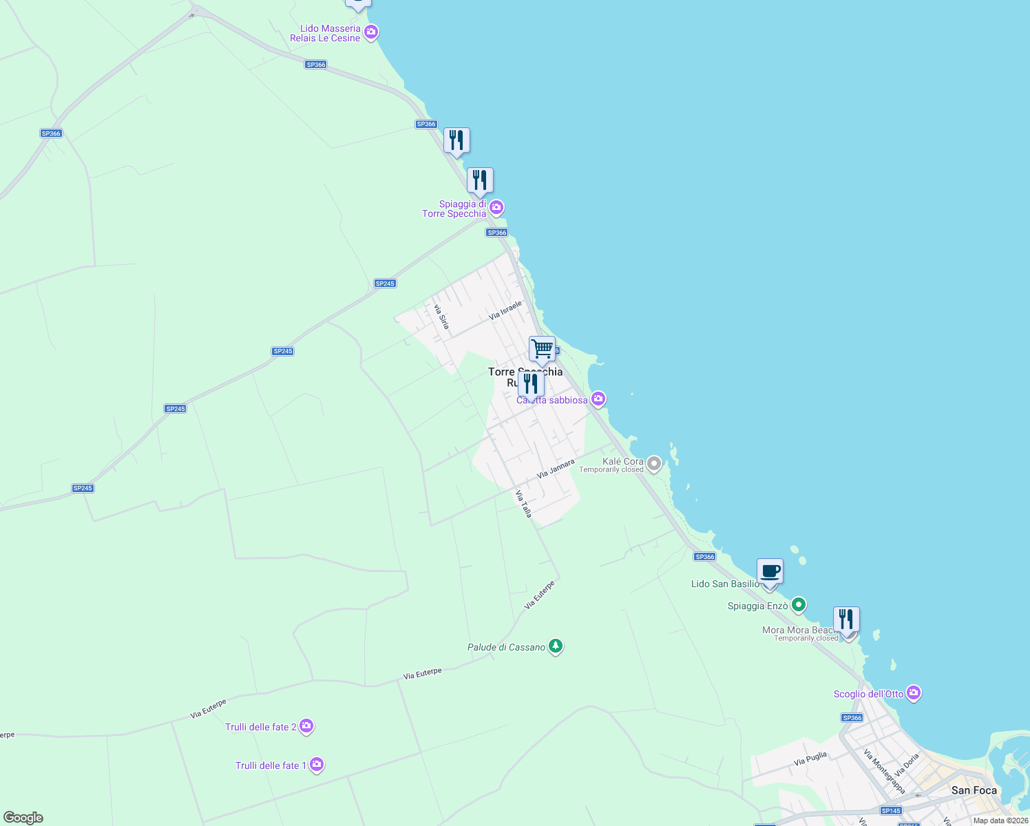 map of restaurants, bars, coffee shops, grocery stores, and more near 25 Via Nettuno in Torre Specchia Ruggeri