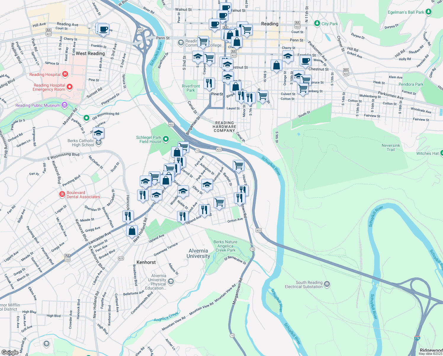 map of restaurants, bars, coffee shops, grocery stores, and more near 265 Arlington Street in Reading