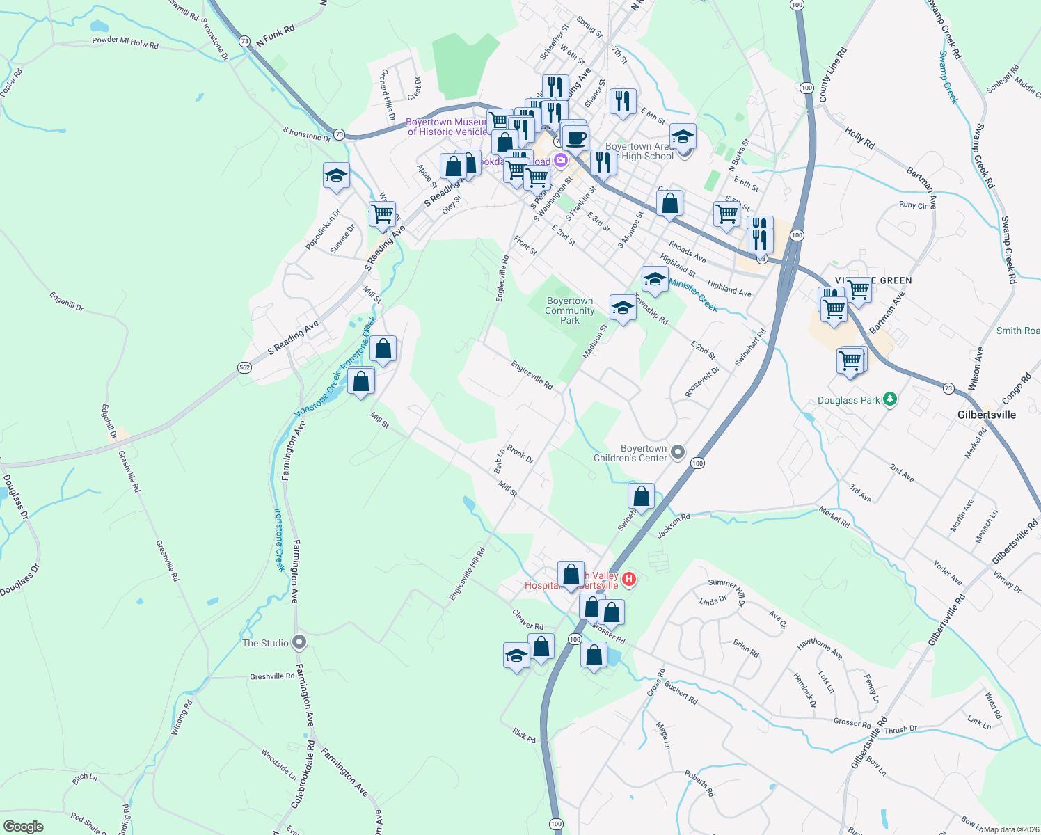 map of restaurants, bars, coffee shops, grocery stores, and more near 29 Barb Lane in Boyertown