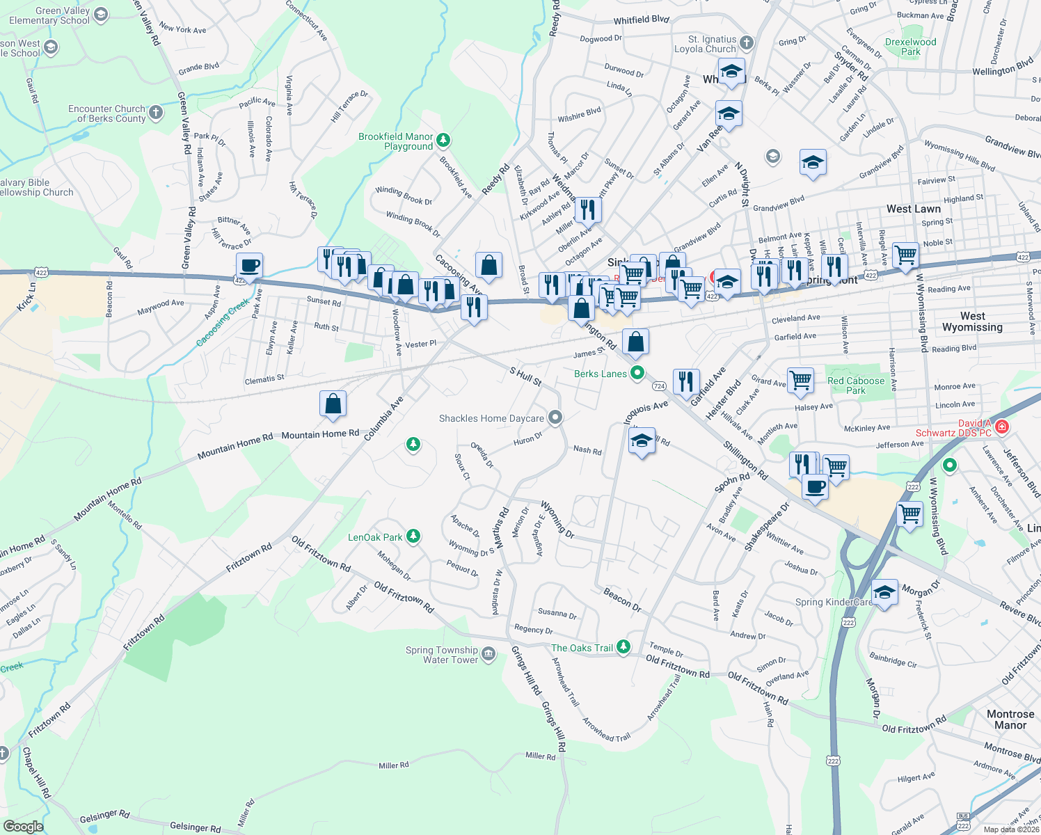 map of restaurants, bars, coffee shops, grocery stores, and more near 730 Maria Avenue in Sinking Spring