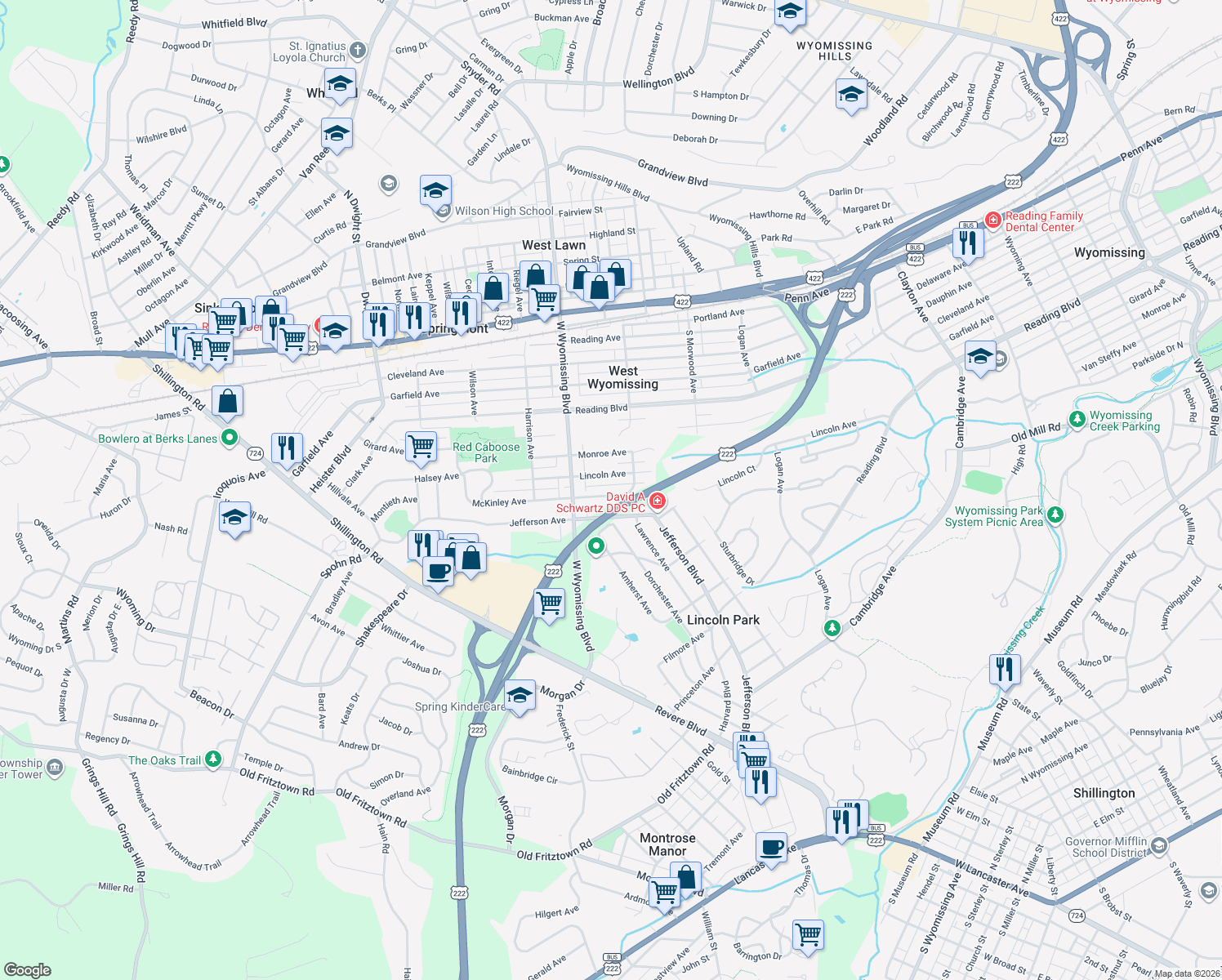 map of restaurants, bars, coffee shops, grocery stores, and more near 2215 McKinley Ave in West Lawn