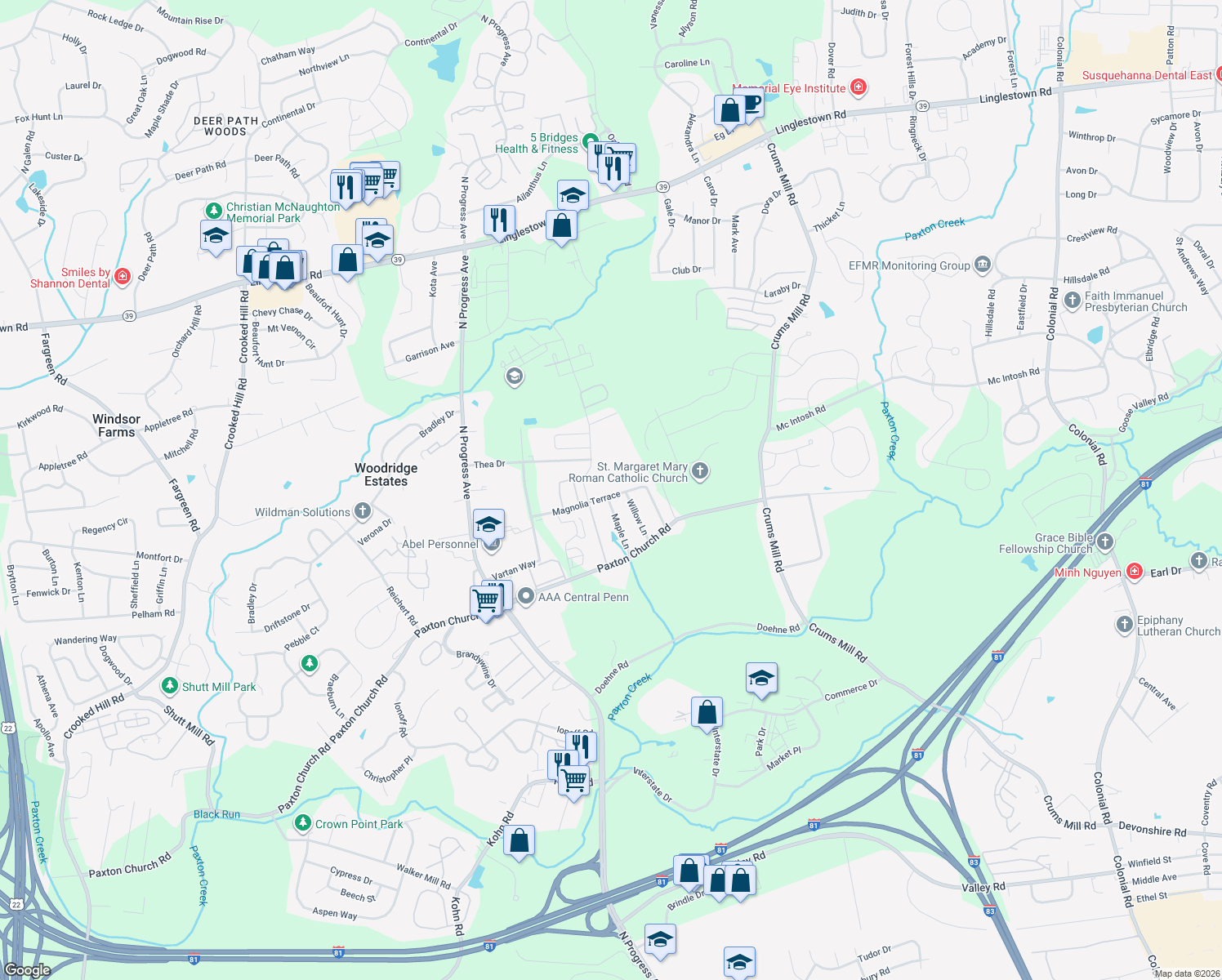 map of restaurants, bars, coffee shops, grocery stores, and more near 2516 Magnolia Terrace in Harrisburg