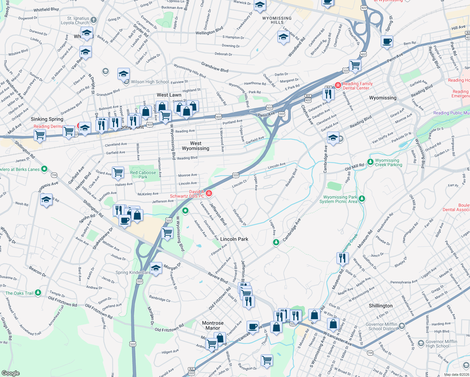 map of restaurants, bars, coffee shops, grocery stores, and more near 113 Durham Street in Wyomissing