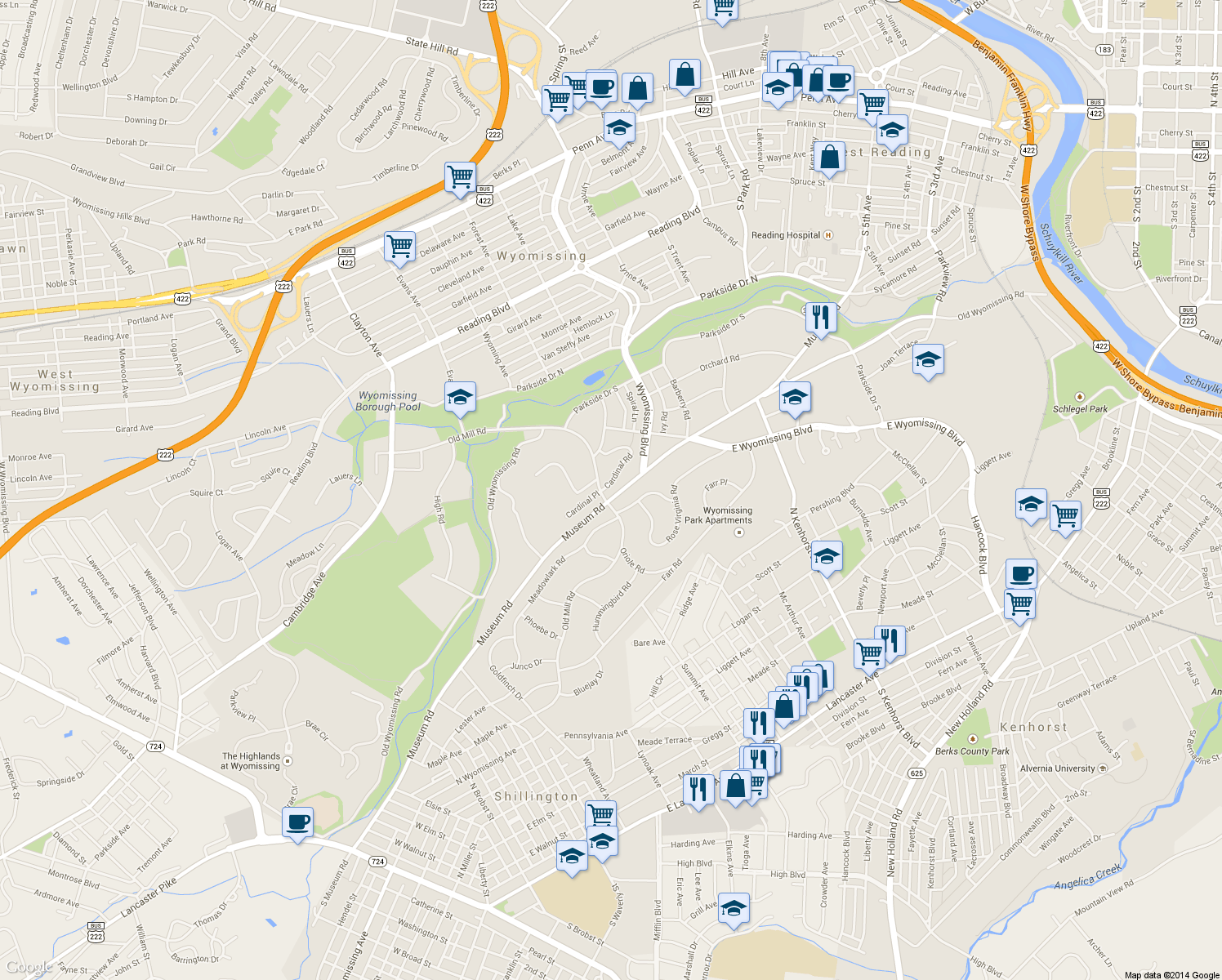 map of restaurants, bars, coffee shops, grocery stores, and more near 91 Cardinal Rd in Wyomissing