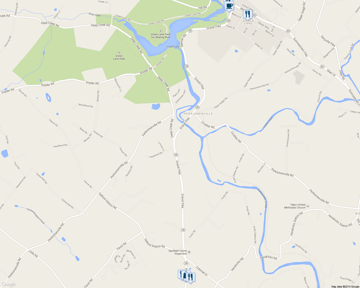 map of restaurants, bars, coffee shops, grocery stores, and more near 1870 Gravel Pike in Perkiomenville