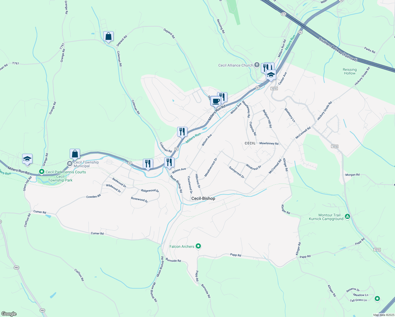 map of restaurants, bars, coffee shops, grocery stores, and more near 48 Wilson Avenue in Cecil-Bishop
