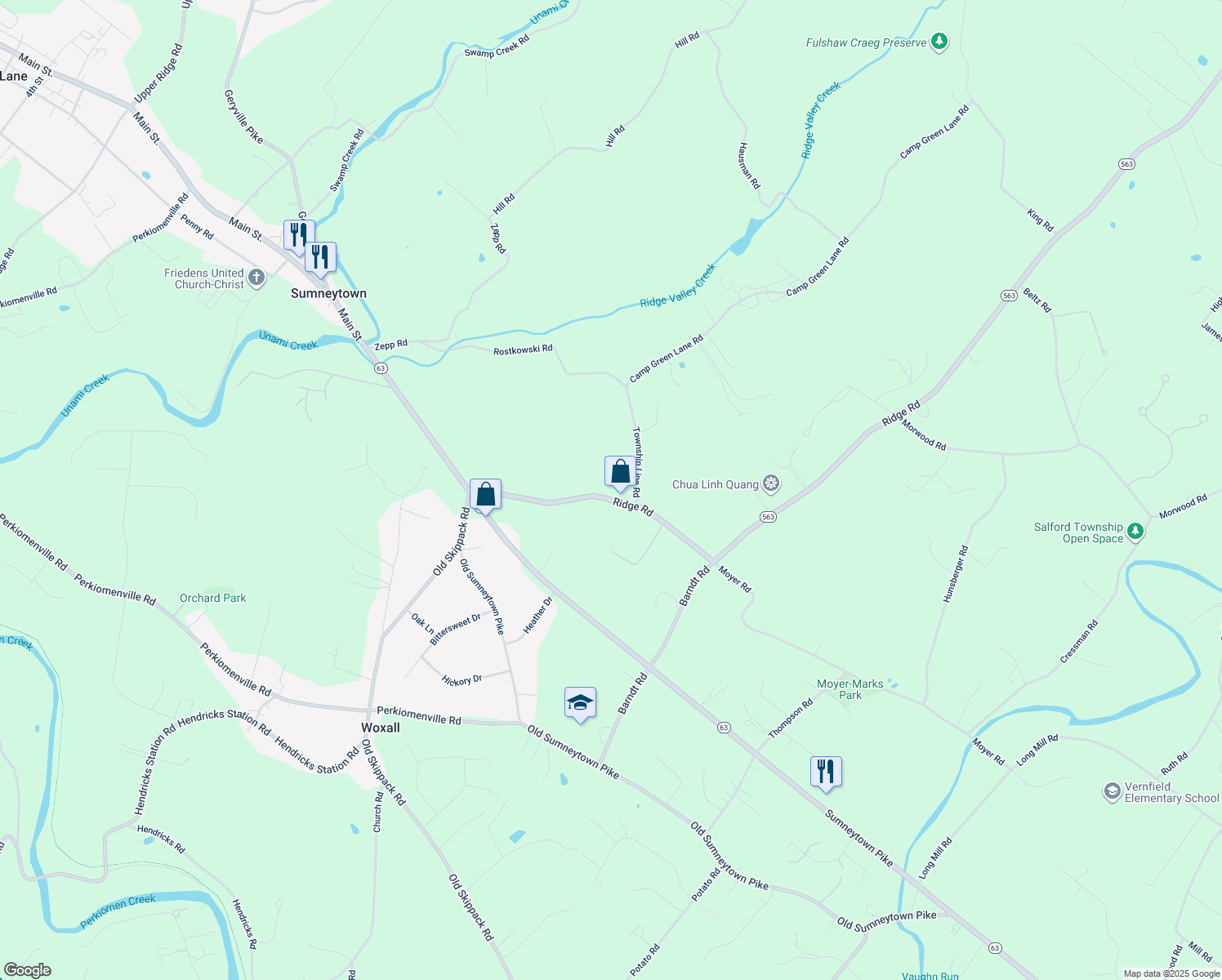 map of restaurants, bars, coffee shops, grocery stores, and more near 1920 Ridge Road in Telford