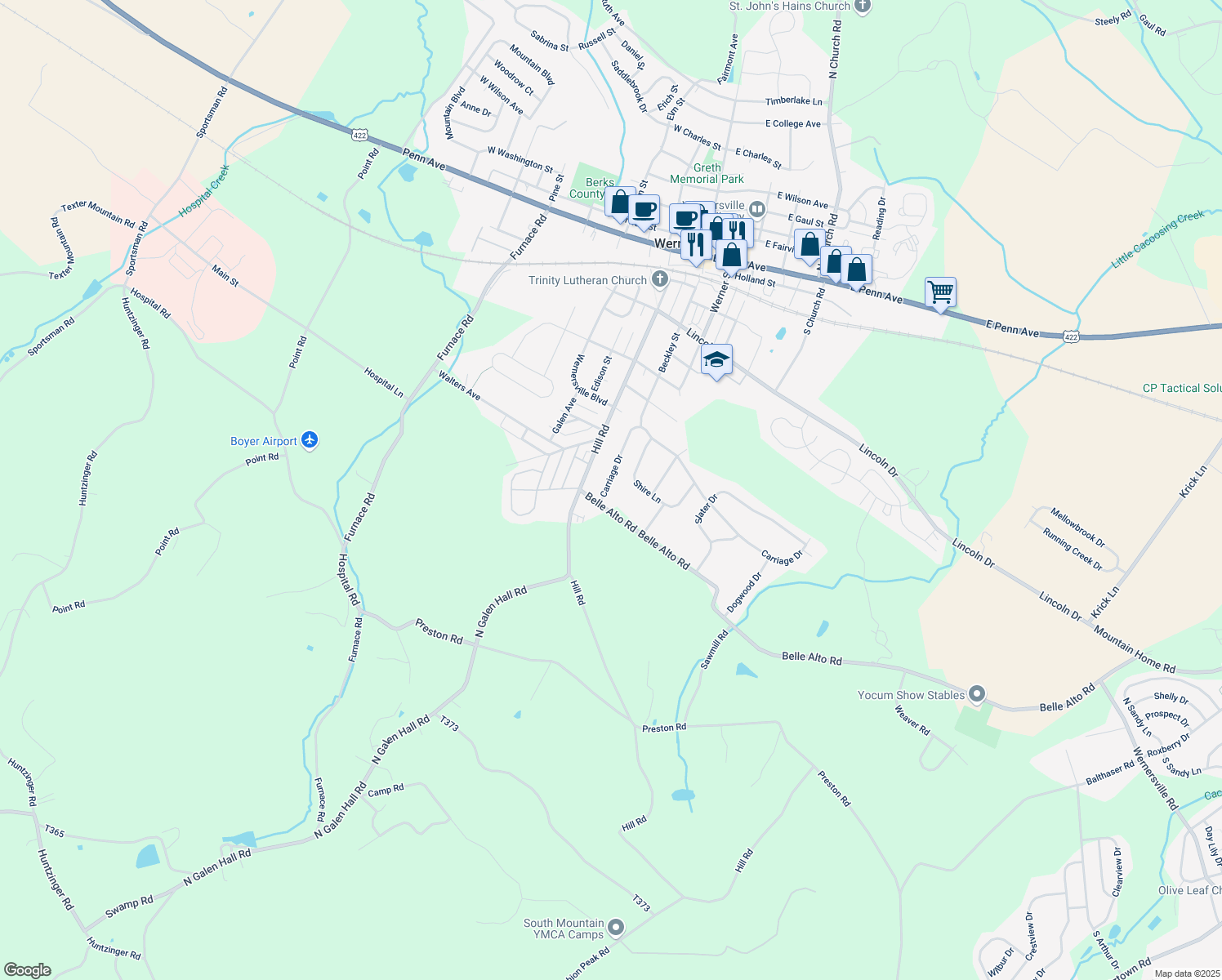 map of restaurants, bars, coffee shops, grocery stores, and more near 5 Carriage Dr in Wernersville
