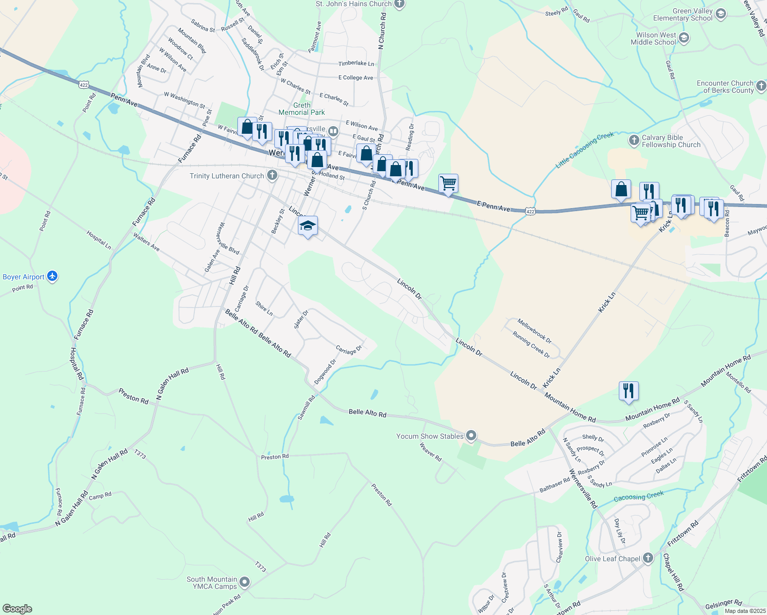 map of restaurants, bars, coffee shops, grocery stores, and more near 305 Kappa Ct in Wernersville
