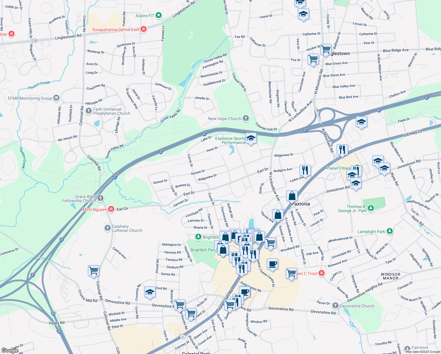 map of restaurants, bars, coffee shops, grocery stores, and more near 5137 Ridgeview Drive in Harrisburg