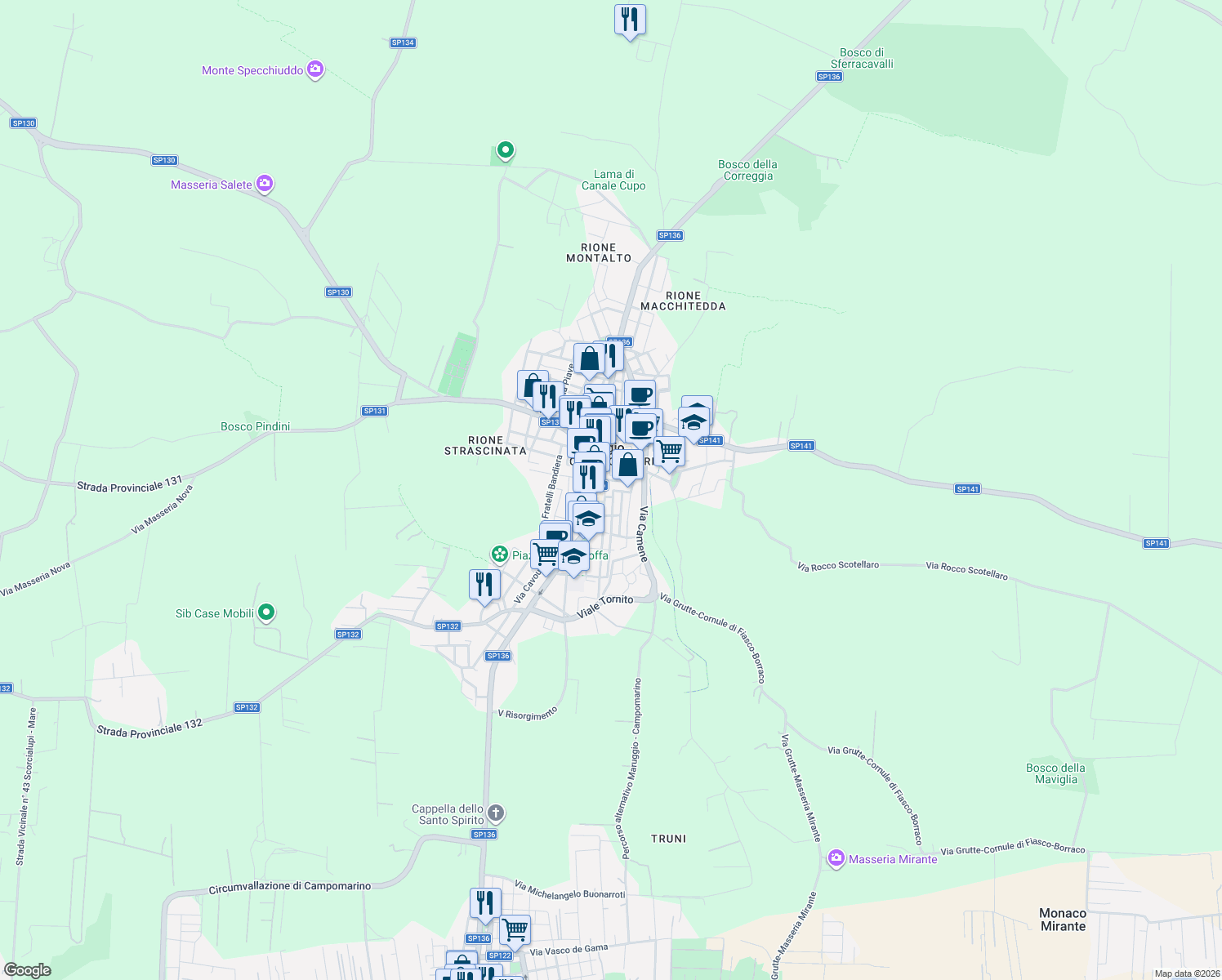 map of restaurants, bars, coffee shops, grocery stores, and more near 81 Via Malta in Maruggio