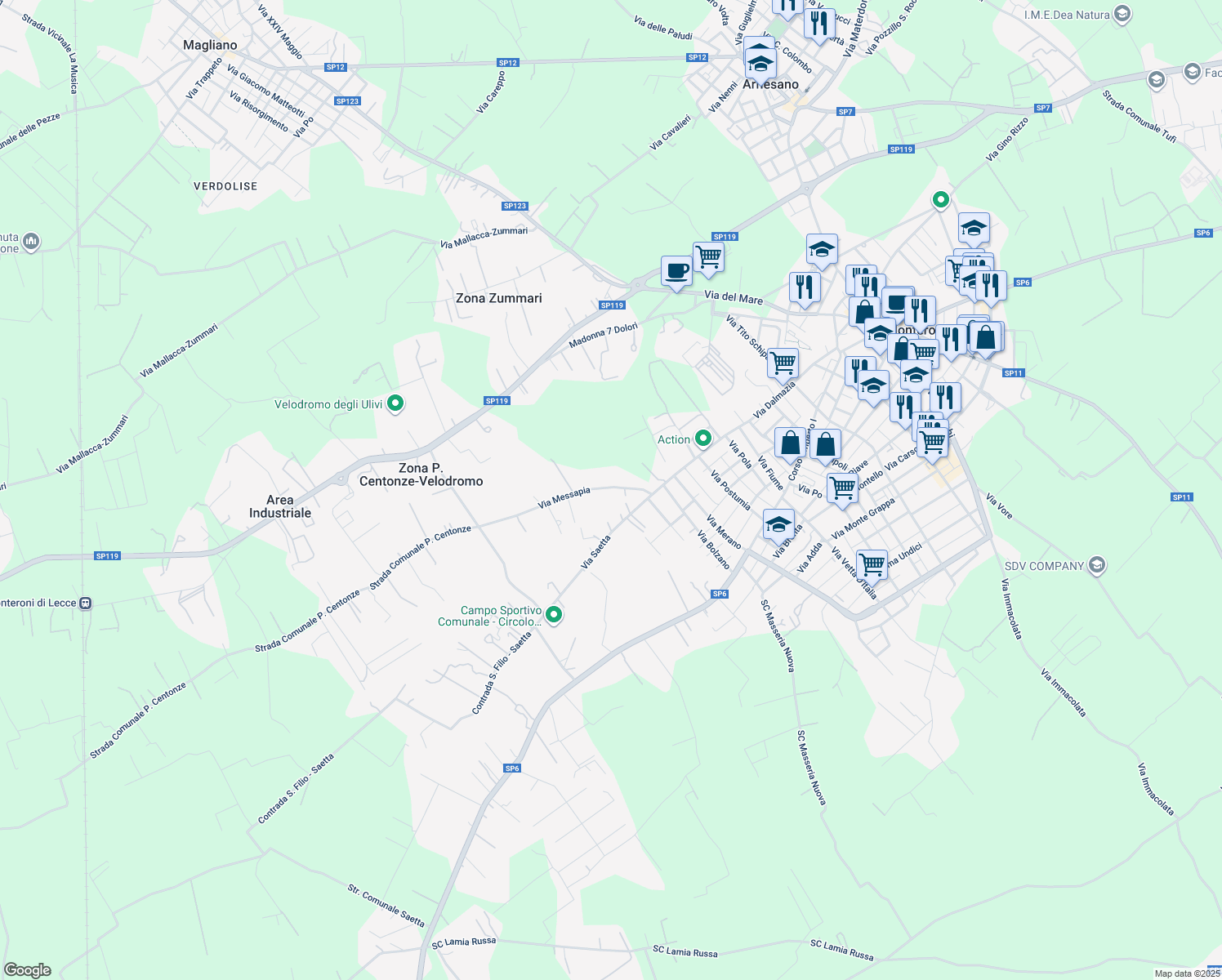 map of restaurants, bars, coffee shops, grocery stores, and more near 5 Via Messapia in Monteroni di Lecce