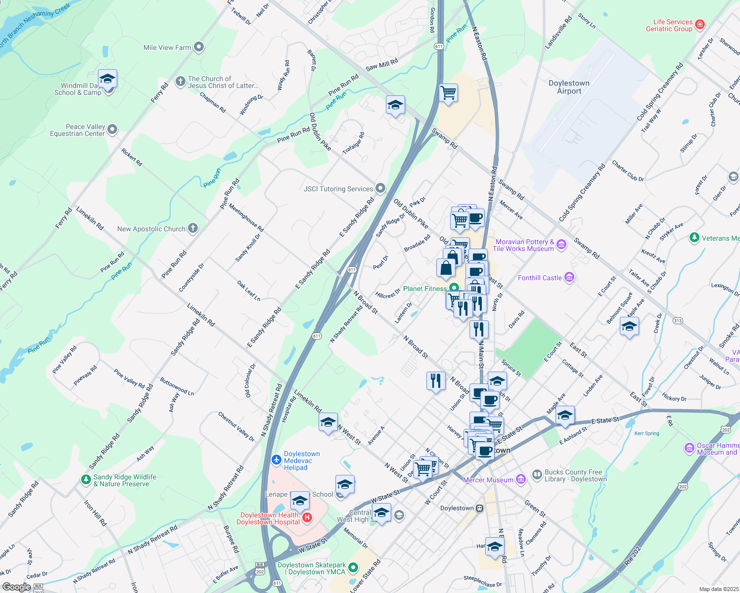 map of restaurants, bars, coffee shops, grocery stores, and more near 4 Broadale Court in Doylestown