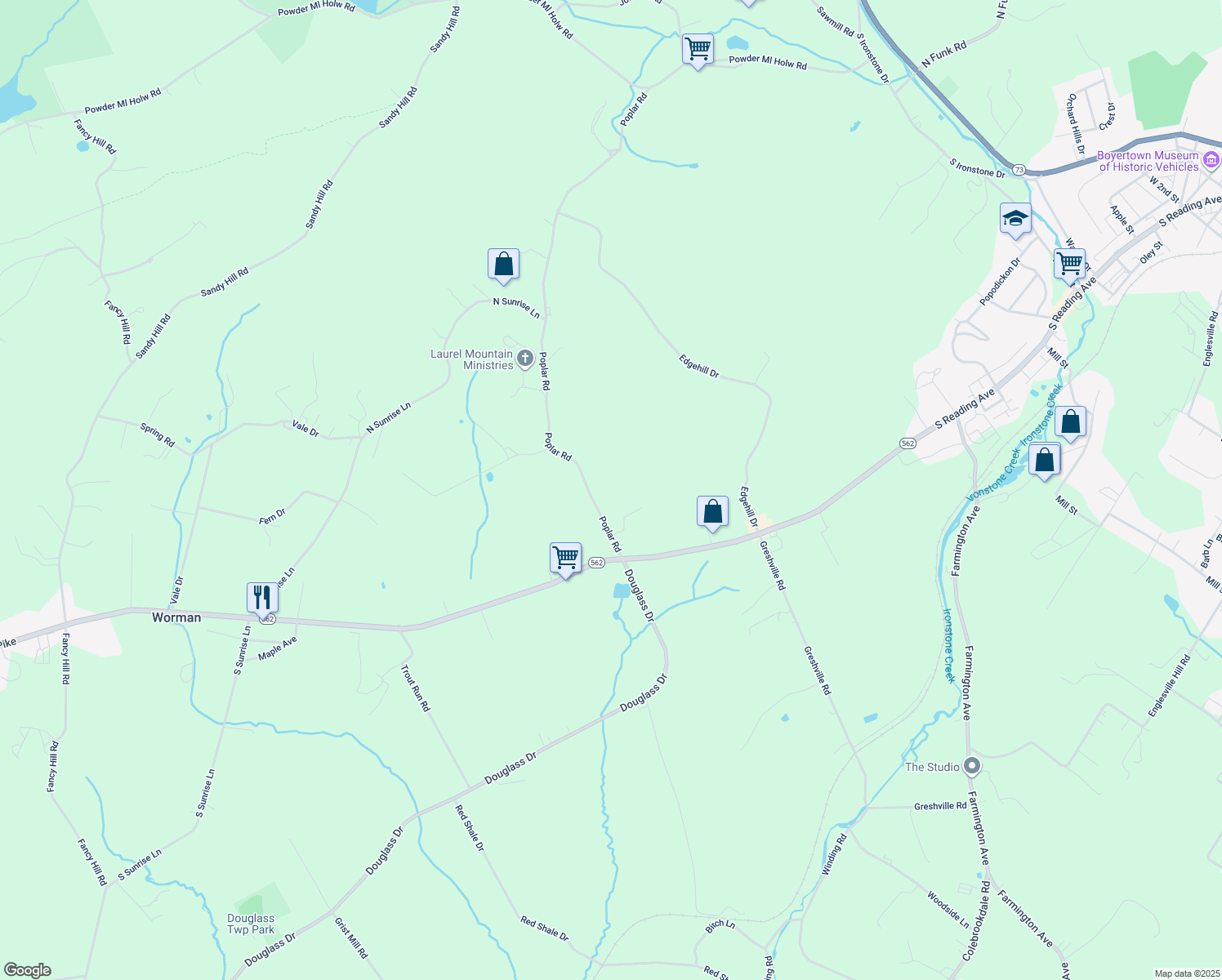 map of restaurants, bars, coffee shops, grocery stores, and more near 29 Poplar Road in Boyertown