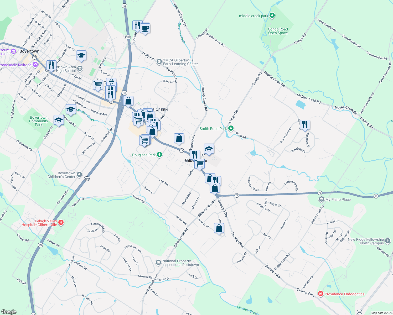 map of restaurants, bars, coffee shops, grocery stores, and more near 1329 East Philadelphia Avenue in Gilbertsville