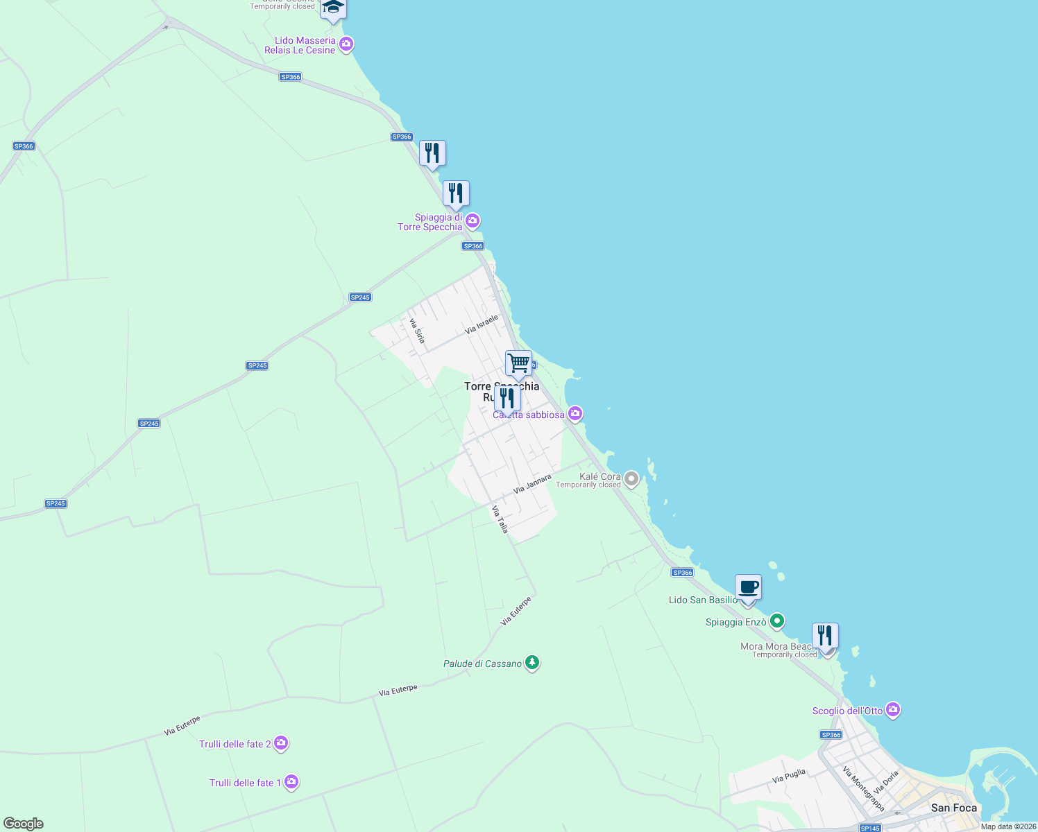 map of restaurants, bars, coffee shops, grocery stores, and more near 18 Via Nettuno in Torre Specchia Ruggeri