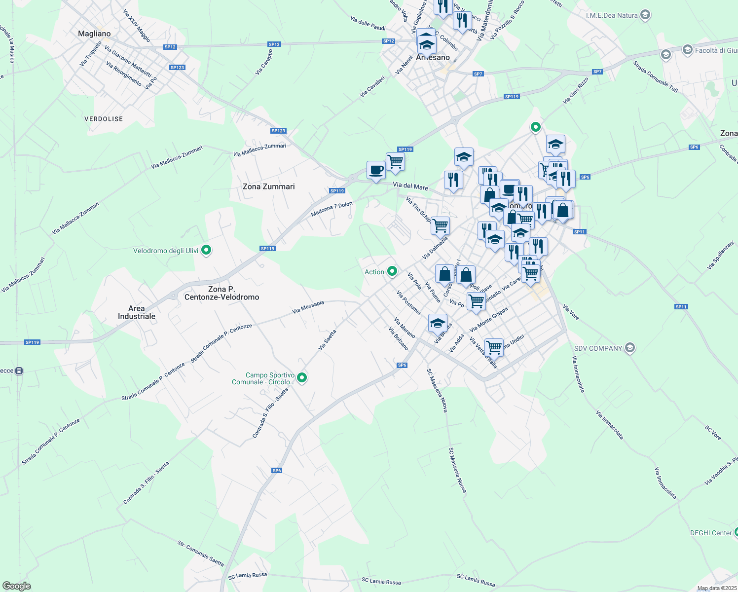 map of restaurants, bars, coffee shops, grocery stores, and more near 101 Via Bolzano in Monteroni di Lecce