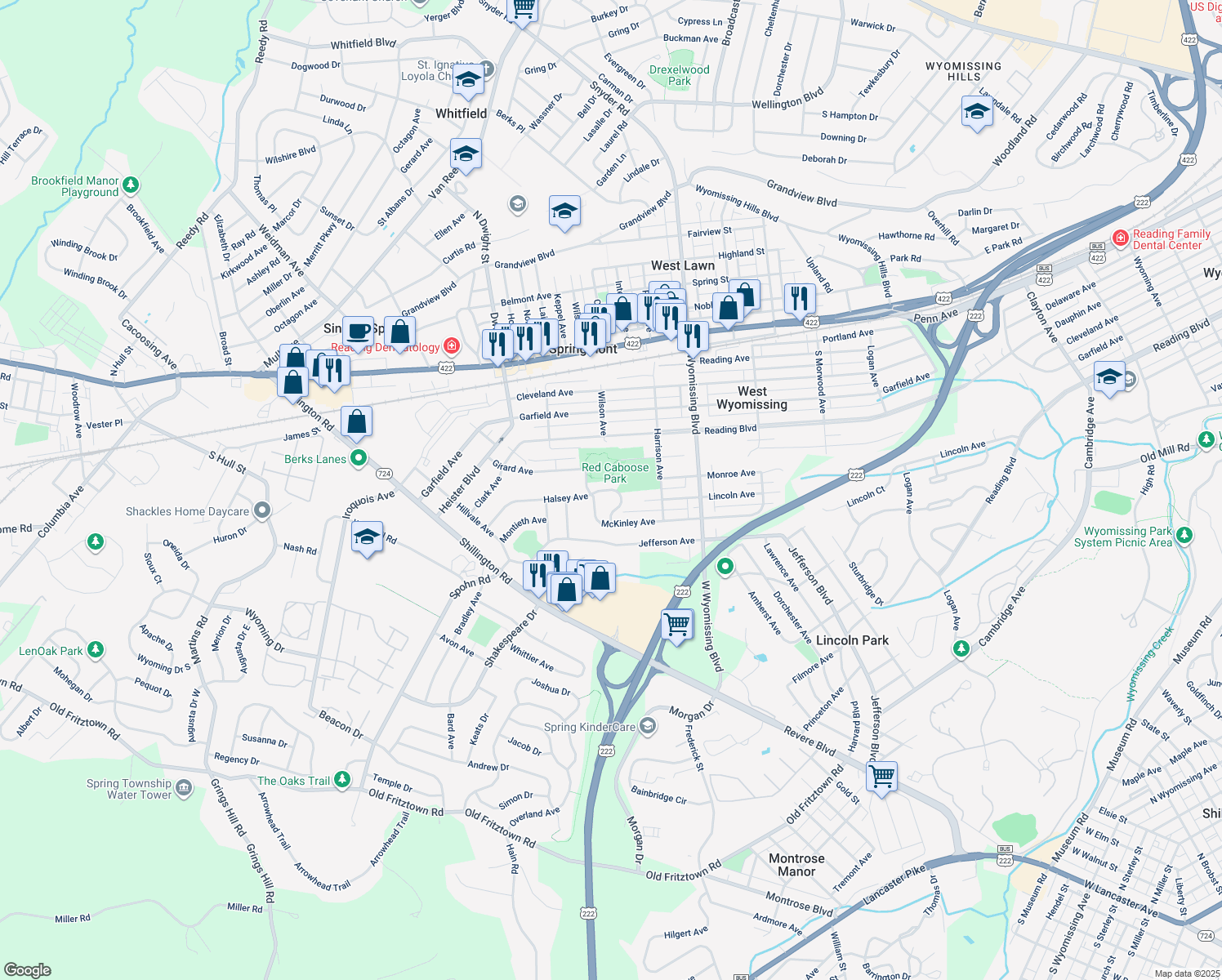 map of restaurants, bars, coffee shops, grocery stores, and more near 211 Halsey Avenue in Reading