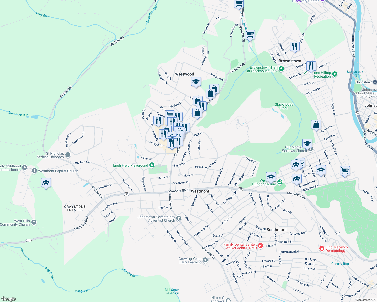 map of restaurants, bars, coffee shops, grocery stores, and more near 1099 Omar Dr in Johnstown