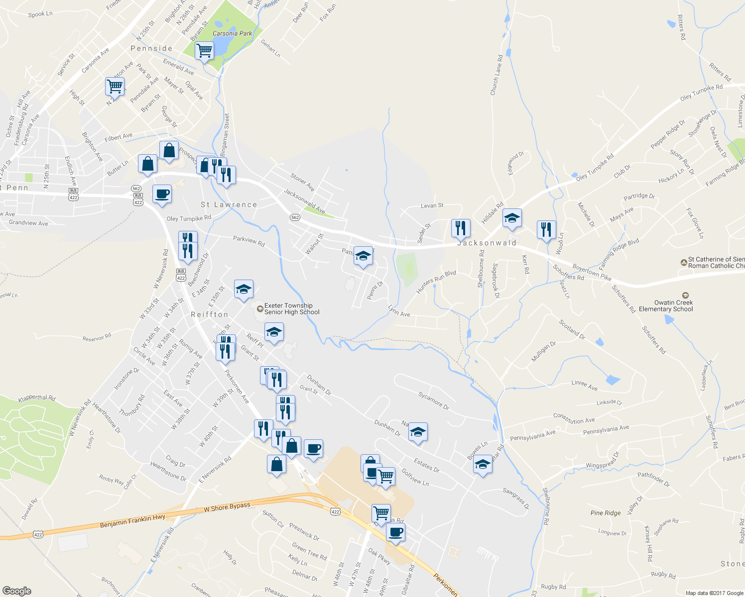 map of restaurants, bars, coffee shops, grocery stores, and more near 3901 Penns Dr in Reading