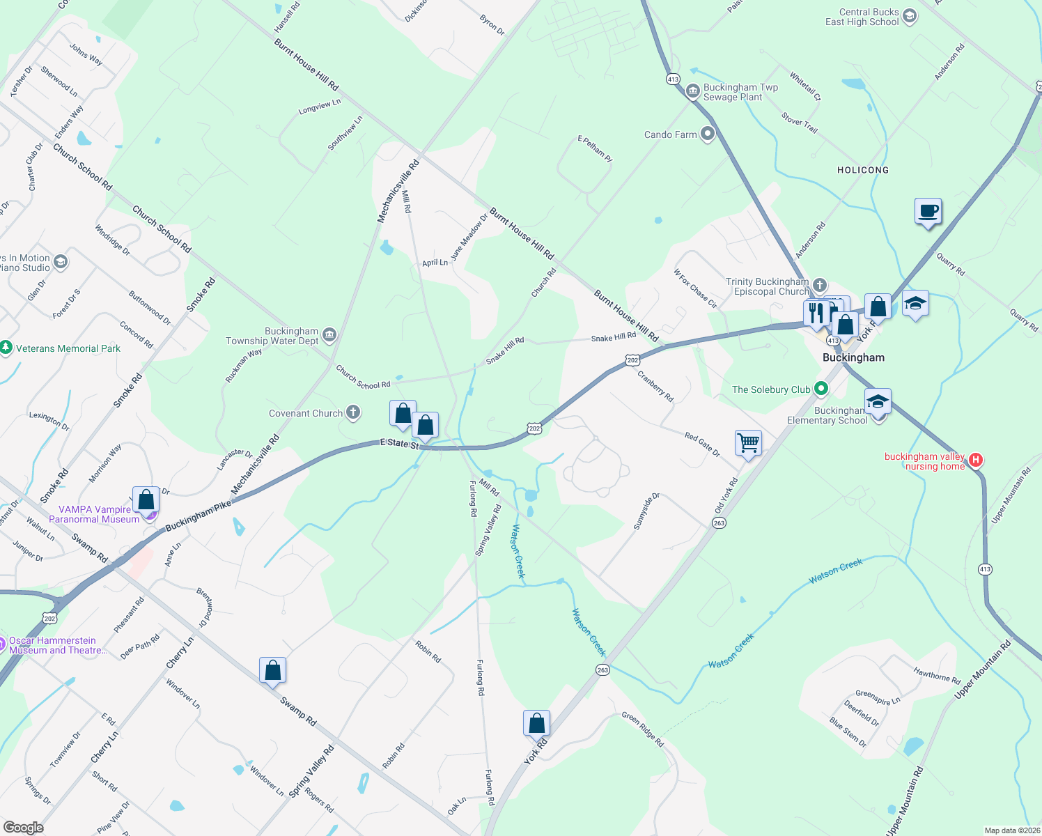 map of restaurants, bars, coffee shops, grocery stores, and more near 2968 Valley View Drive in Doylestown
