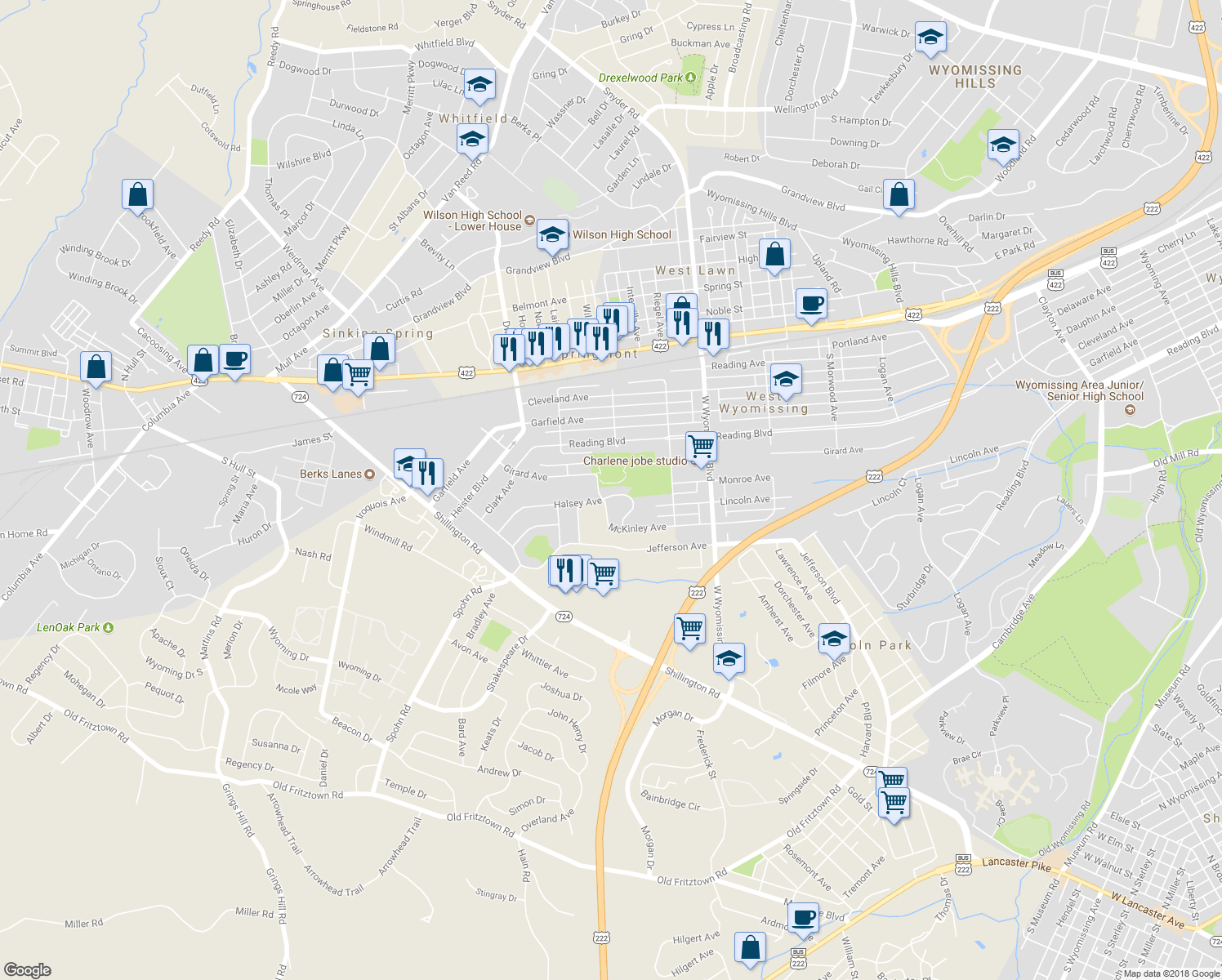 map of restaurants, bars, coffee shops, grocery stores, and more near 204 Halsey Avenue in West Lawn