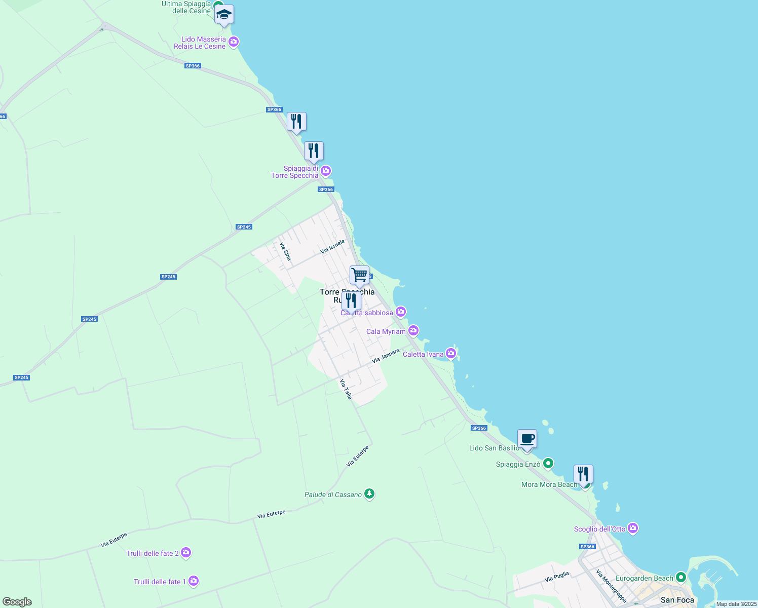 map of restaurants, bars, coffee shops, grocery stores, and more near 21 SP366 in Torre Specchia Ruggeri