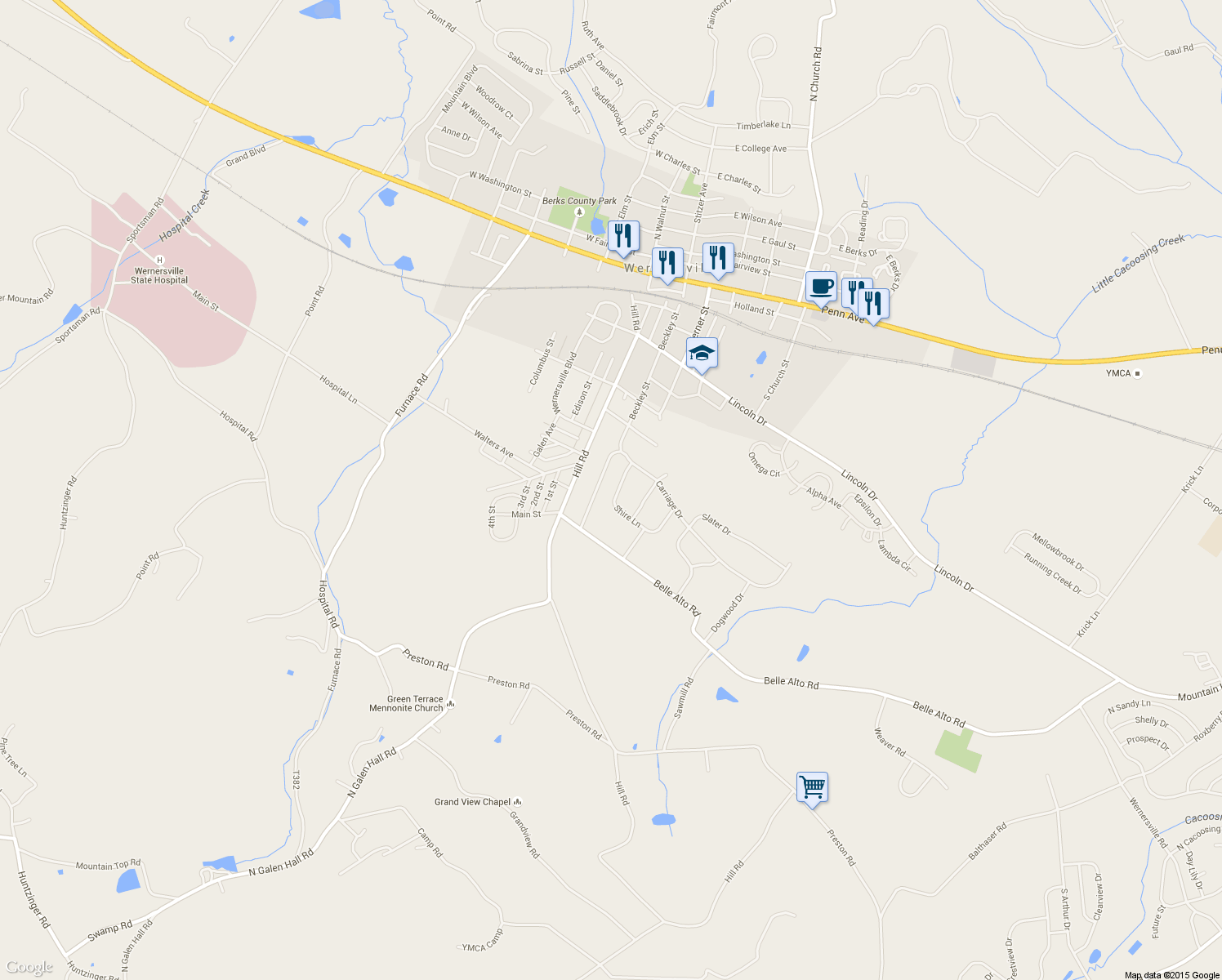 map of restaurants, bars, coffee shops, grocery stores, and more near 119 Shire Lane in Wernersville