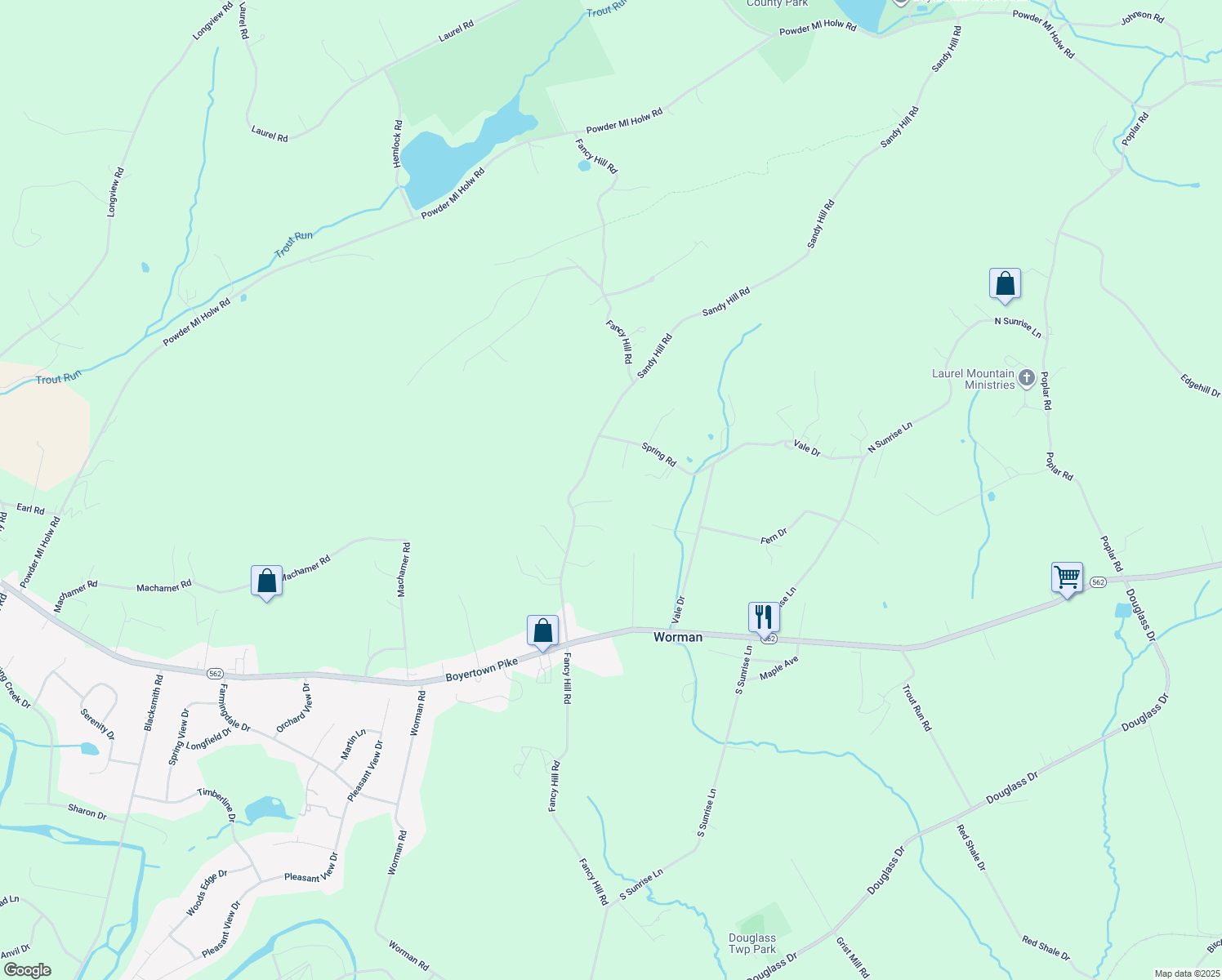 map of restaurants, bars, coffee shops, grocery stores, and more near 357 Fancy Hill Road in Boyertown