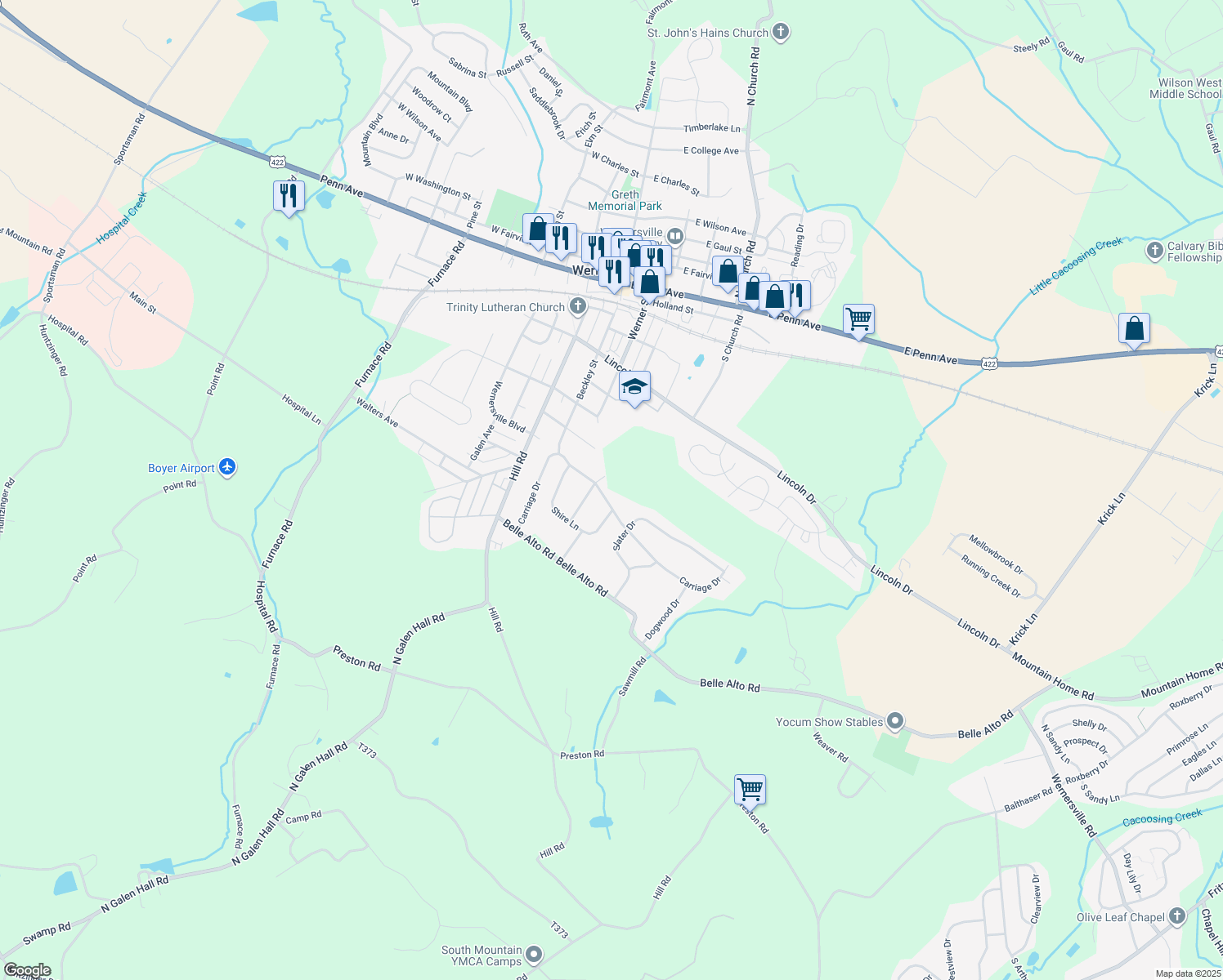 map of restaurants, bars, coffee shops, grocery stores, and more near 208 Carriage Dr in Wernersville