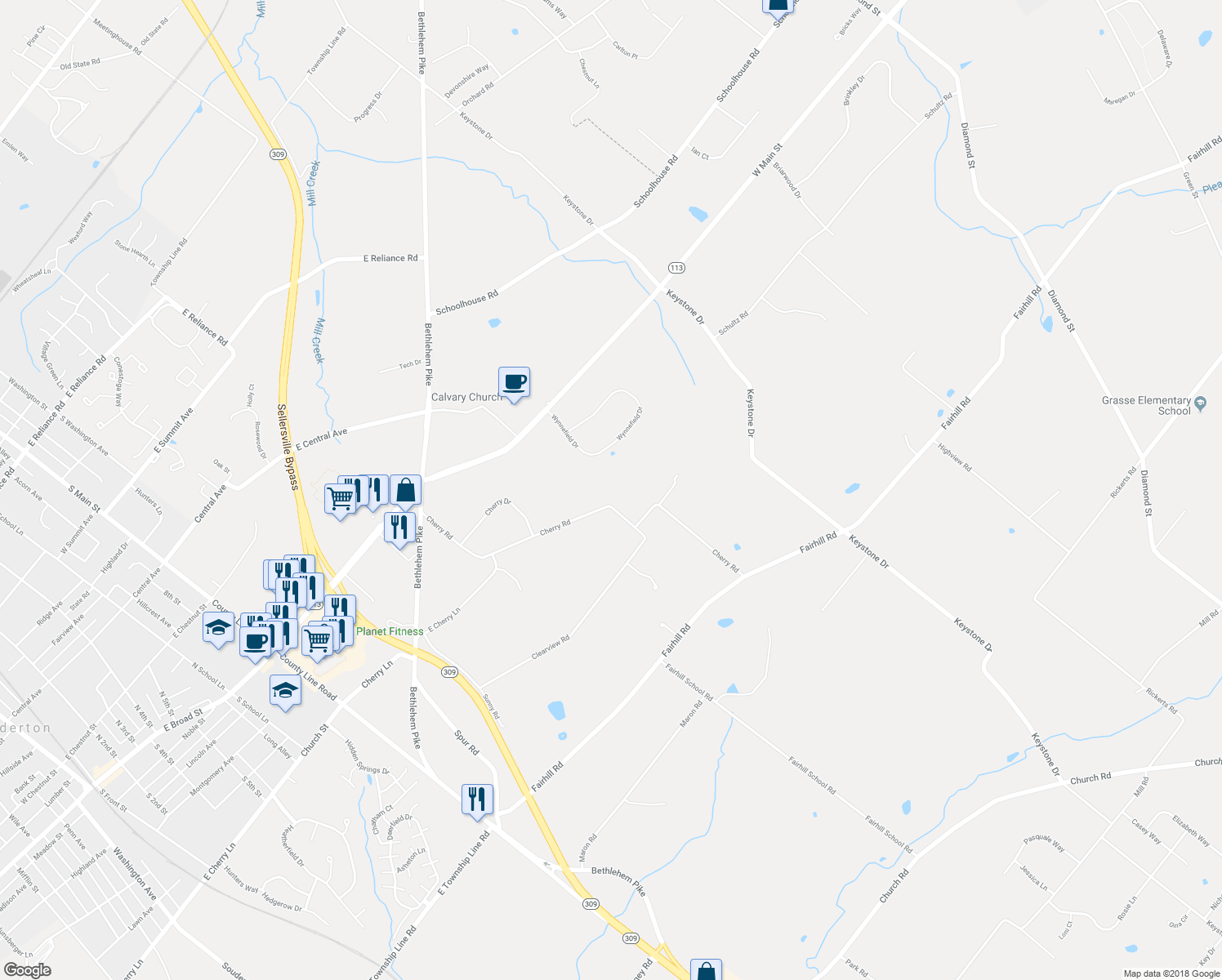 map of restaurants, bars, coffee shops, grocery stores, and more near 567 Cherry Road in Souderton