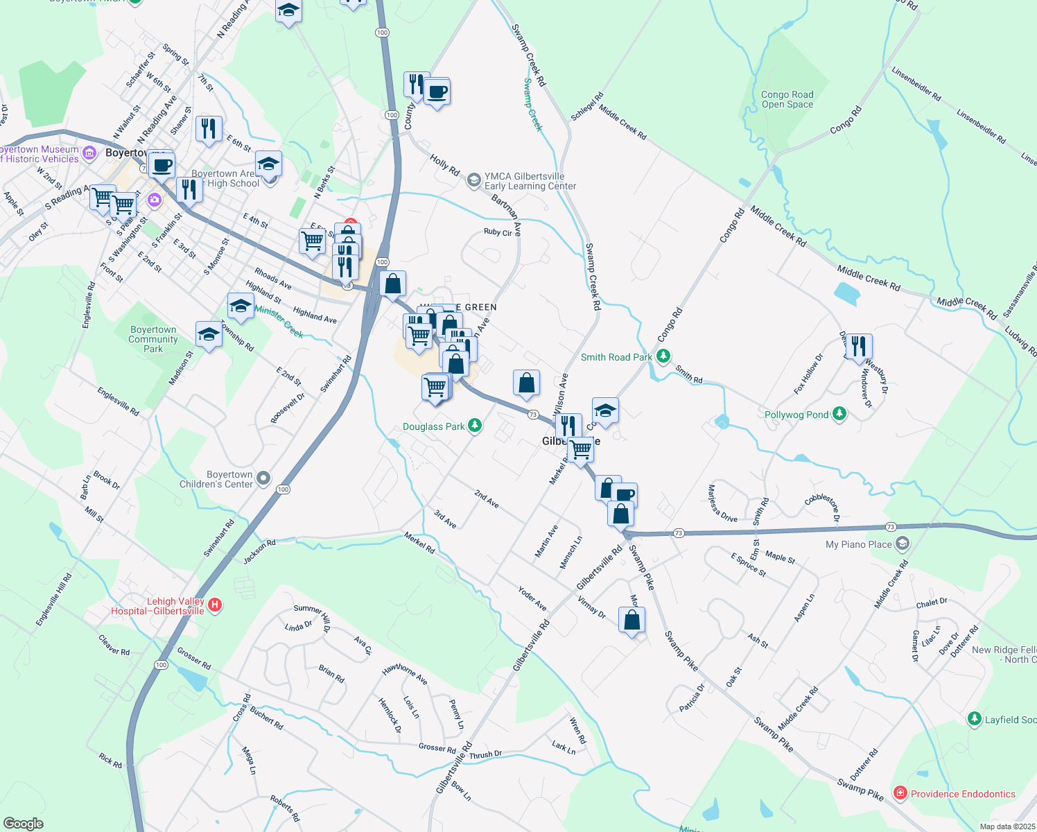 map of restaurants, bars, coffee shops, grocery stores, and more near 1232 East Philadelphia Avenue in Gilbertsville