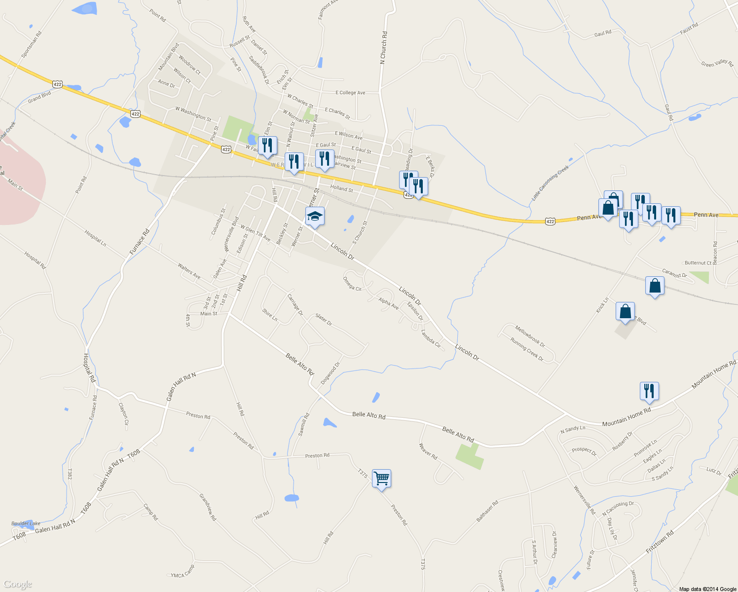 map of restaurants, bars, coffee shops, grocery stores, and more near 200 Sigma Court in Wernersville