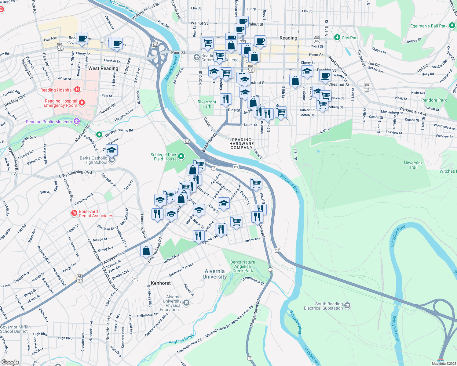 map of restaurants, bars, coffee shops, grocery stores, and more near 100 Park Ave in West Reading