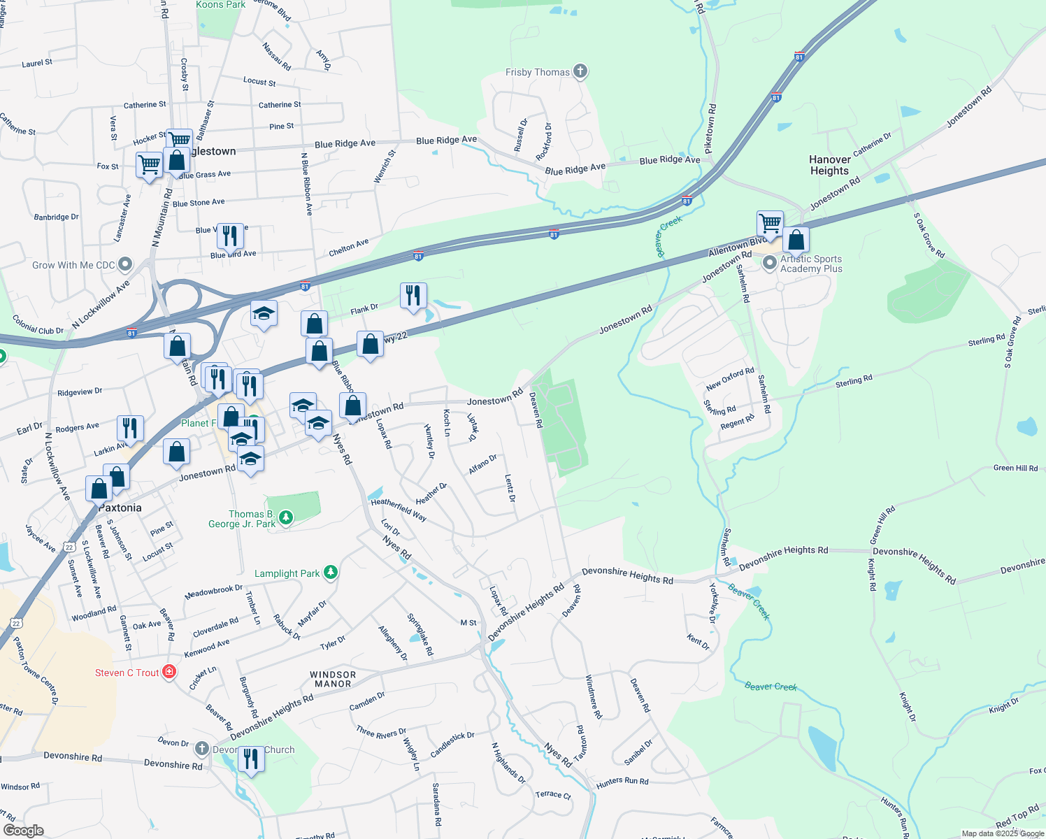 map of restaurants, bars, coffee shops, grocery stores, and more near 107 Centerfield Dr in Harrisburg
