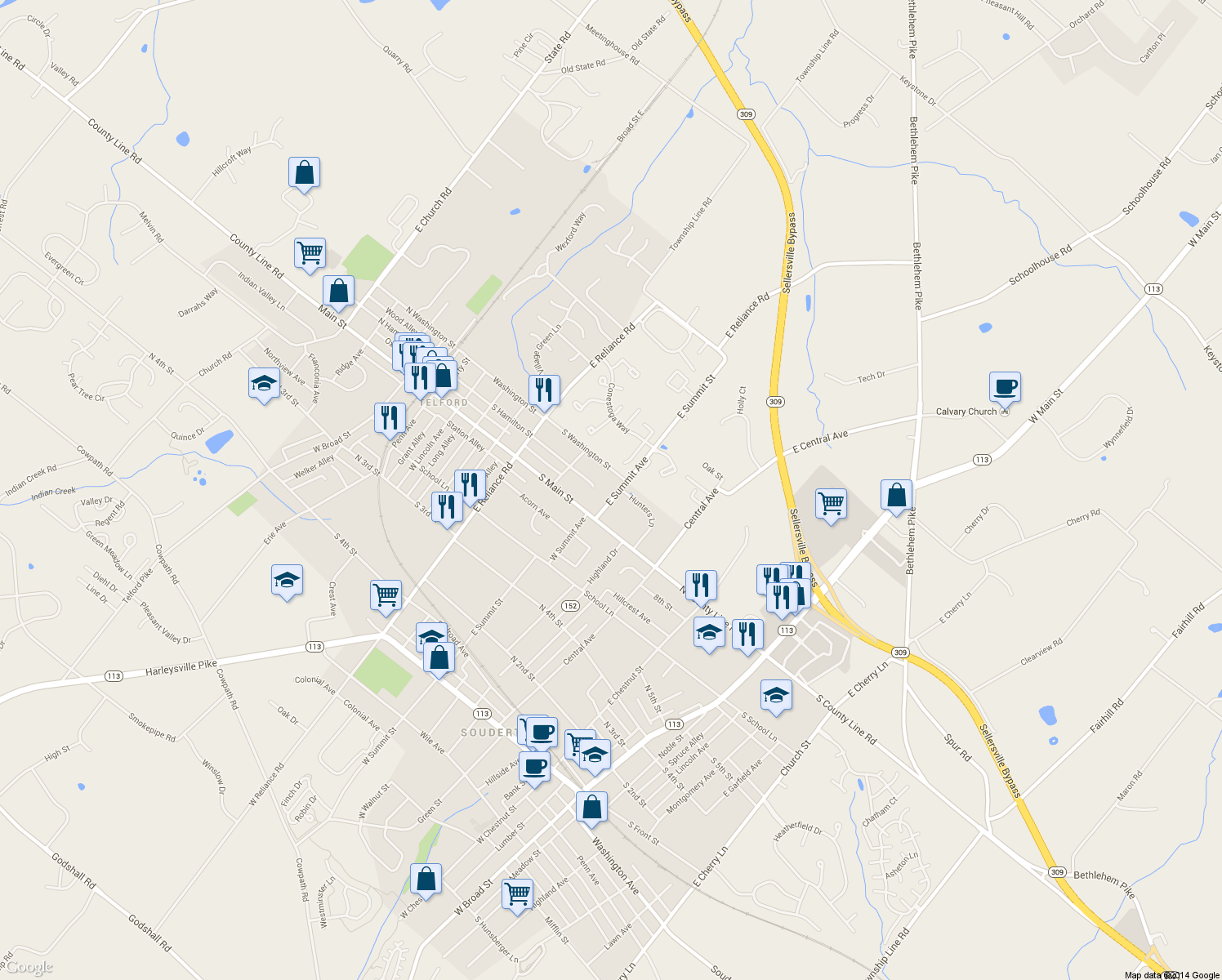 map of restaurants, bars, coffee shops, grocery stores, and more near 11 E Summit Ave in Telford