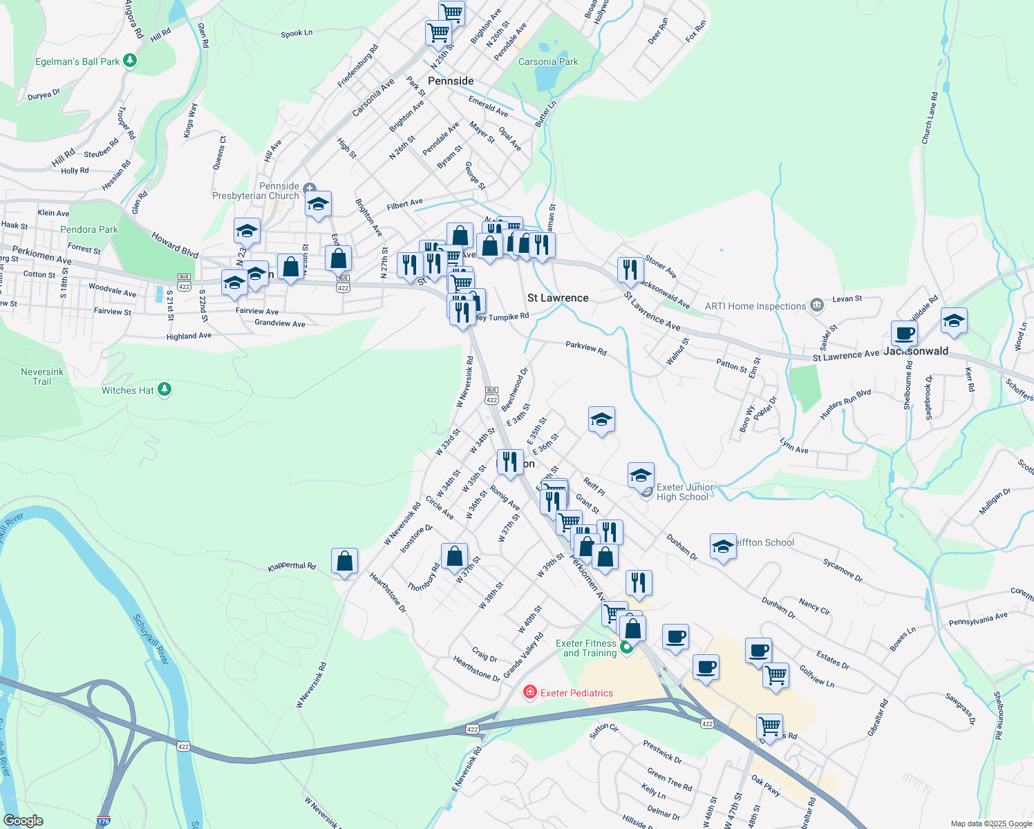 map of restaurants, bars, coffee shops, grocery stores, and more near 8 East 34th Street in Reading