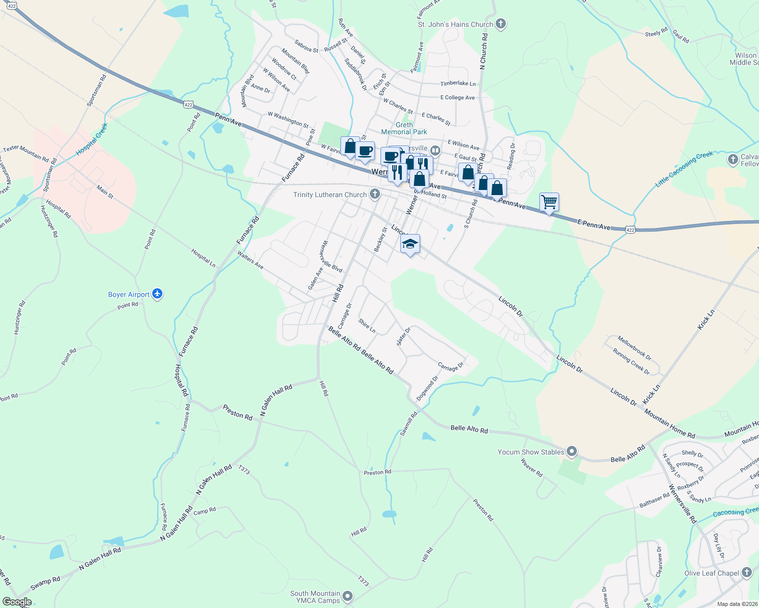 map of restaurants, bars, coffee shops, grocery stores, and more near 117 Carriage Drive in Wernersville