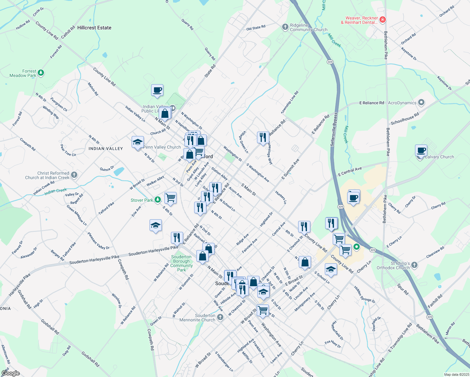 map of restaurants, bars, coffee shops, grocery stores, and more near 331 Acorn Avenue in Telford