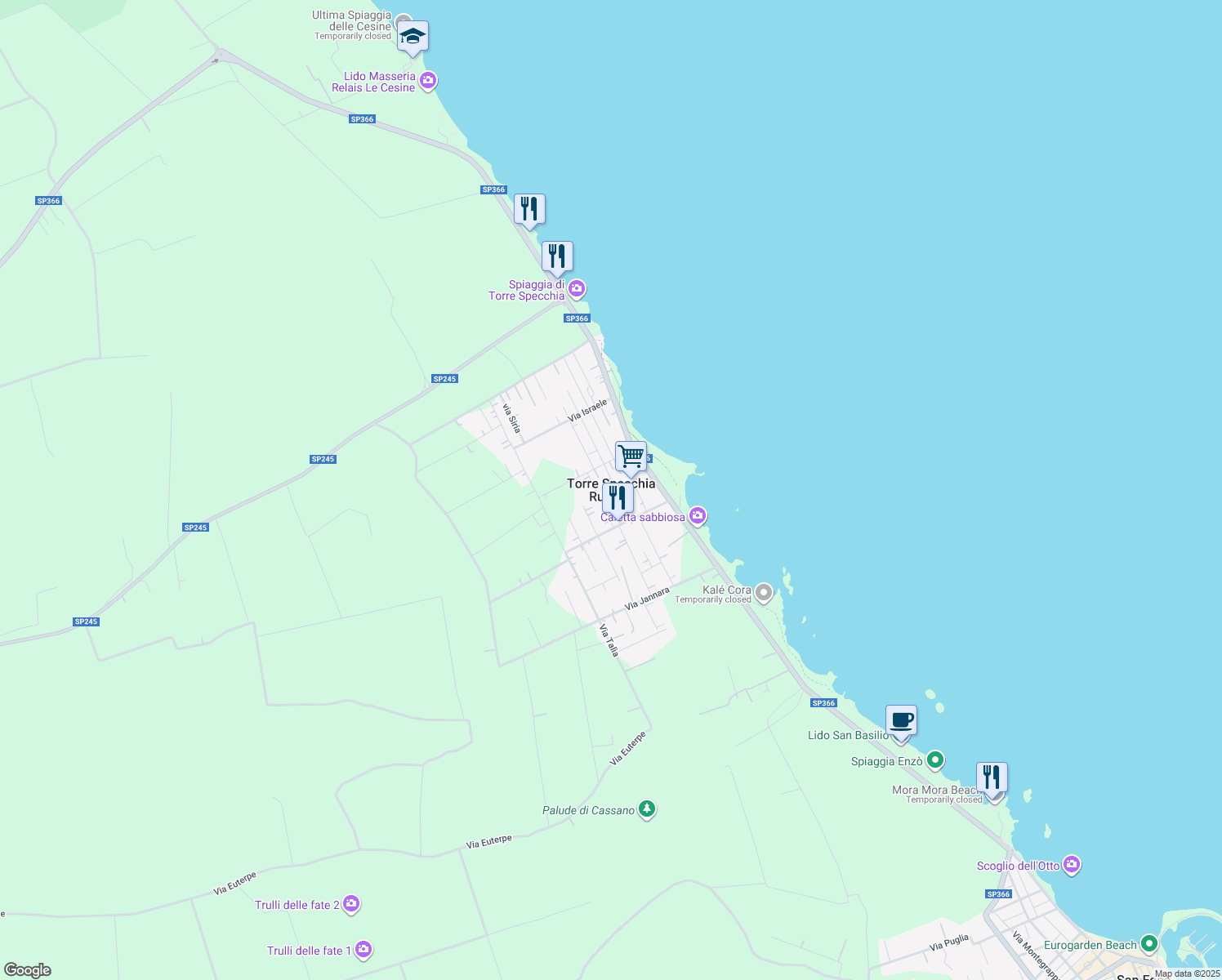 map of restaurants, bars, coffee shops, grocery stores, and more near in Torre Specchia Ruggeri