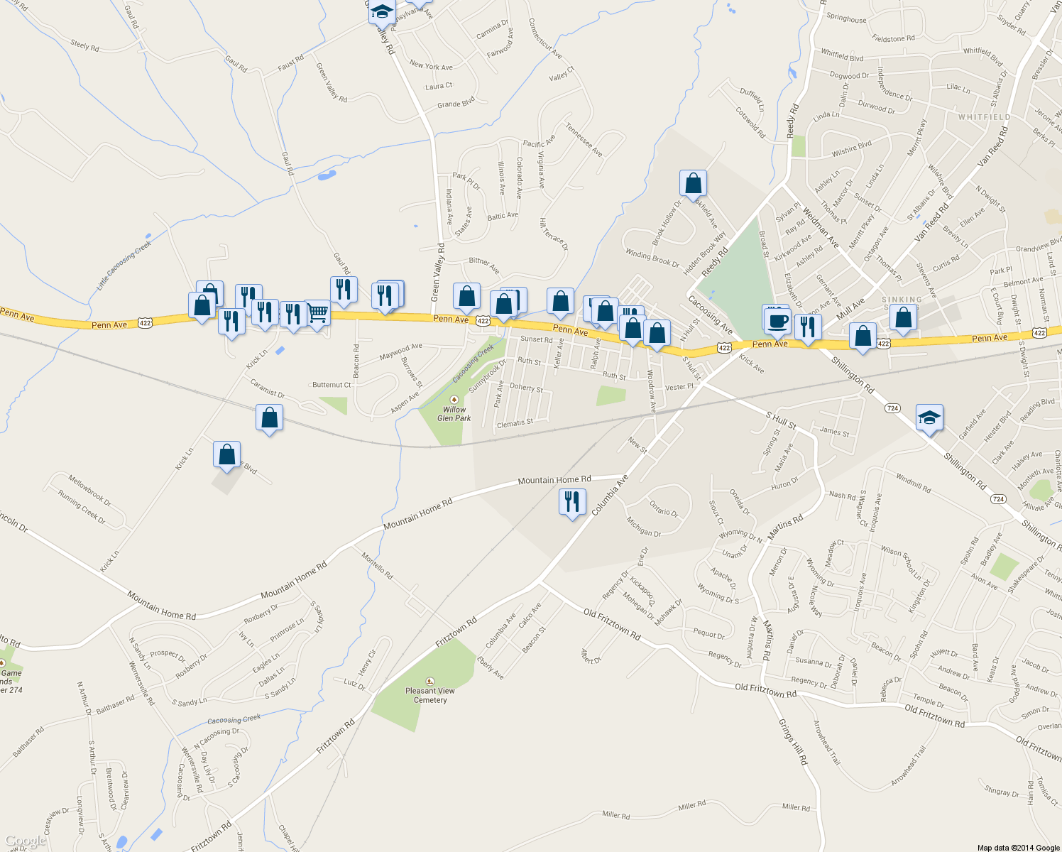 map of restaurants, bars, coffee shops, grocery stores, and more near 1008 Clematis St in Sinking Spring
