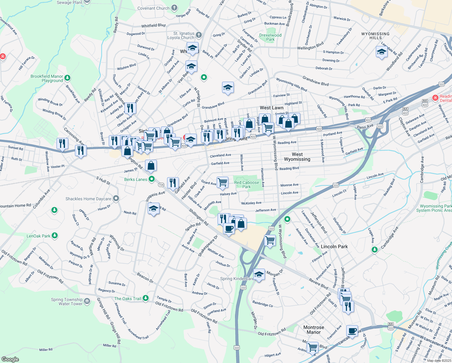 map of restaurants, bars, coffee shops, grocery stores, and more near 2527 Girard Avenue in West Lawn