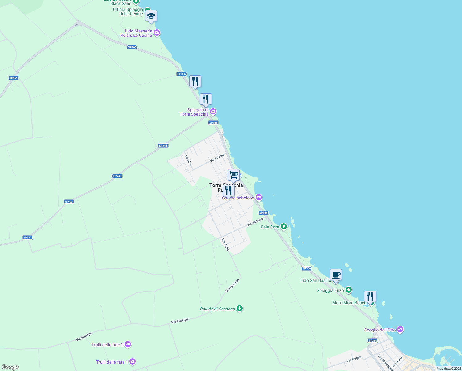 map of restaurants, bars, coffee shops, grocery stores, and more near 23 Via Venere in Torre Specchia Ruggeri