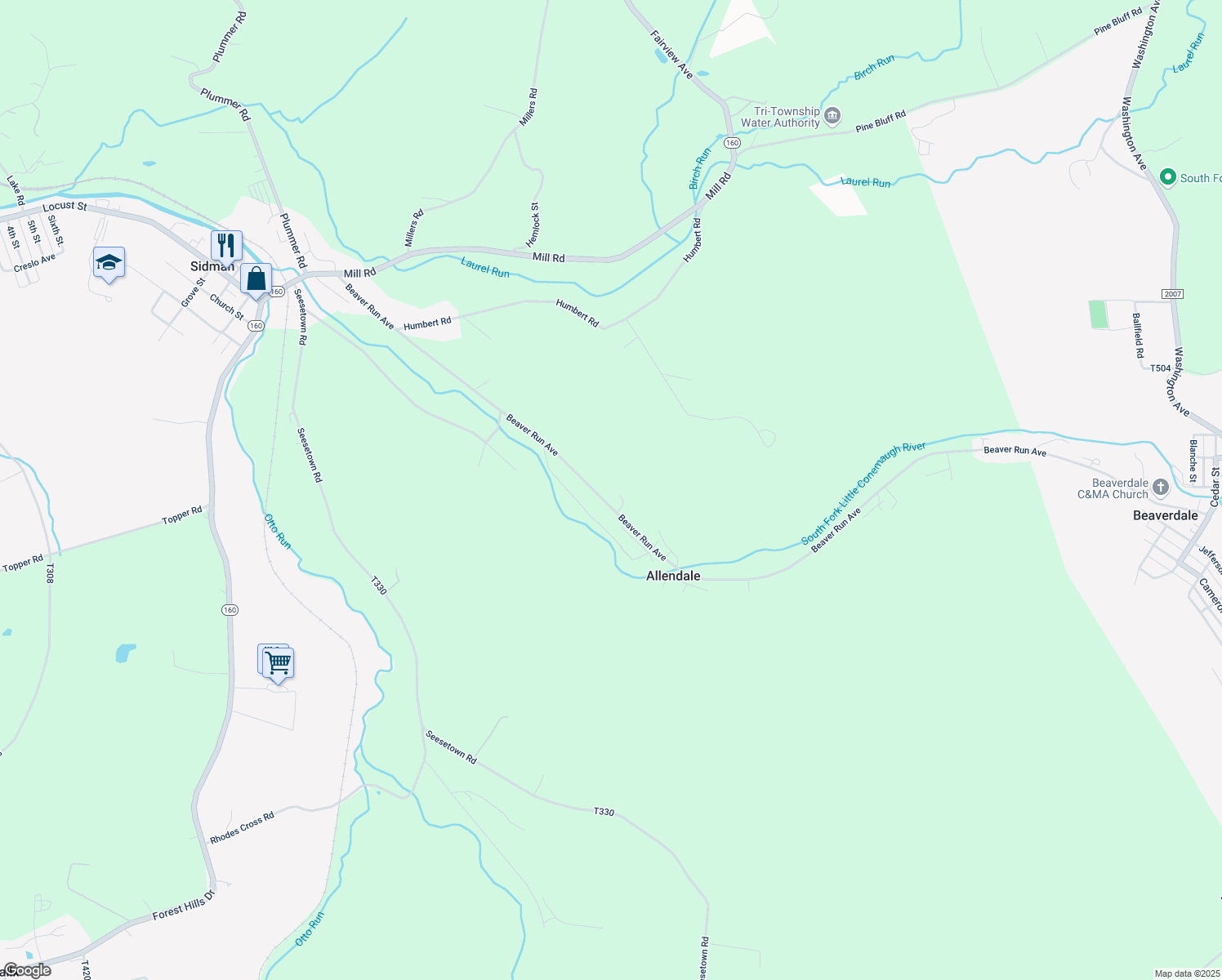 map of restaurants, bars, coffee shops, grocery stores, and more near 496 Beaver Run Avenue in Sidman