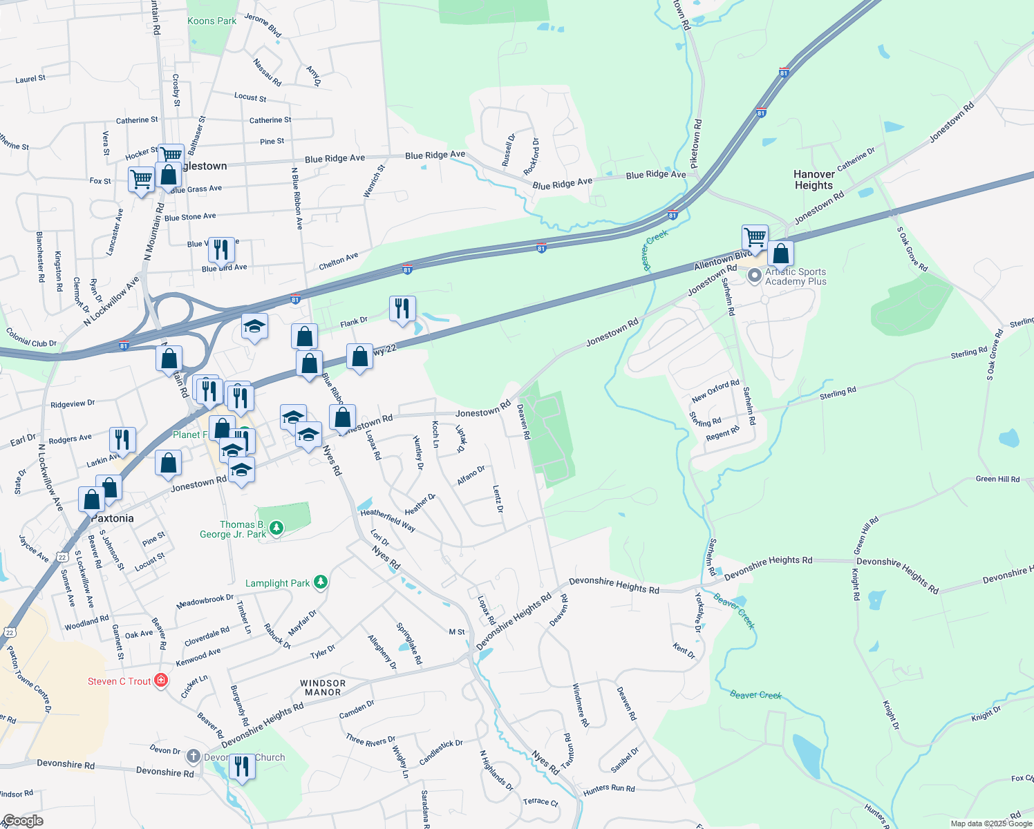 map of restaurants, bars, coffee shops, grocery stores, and more near 104 Deaven Road in Harrisburg