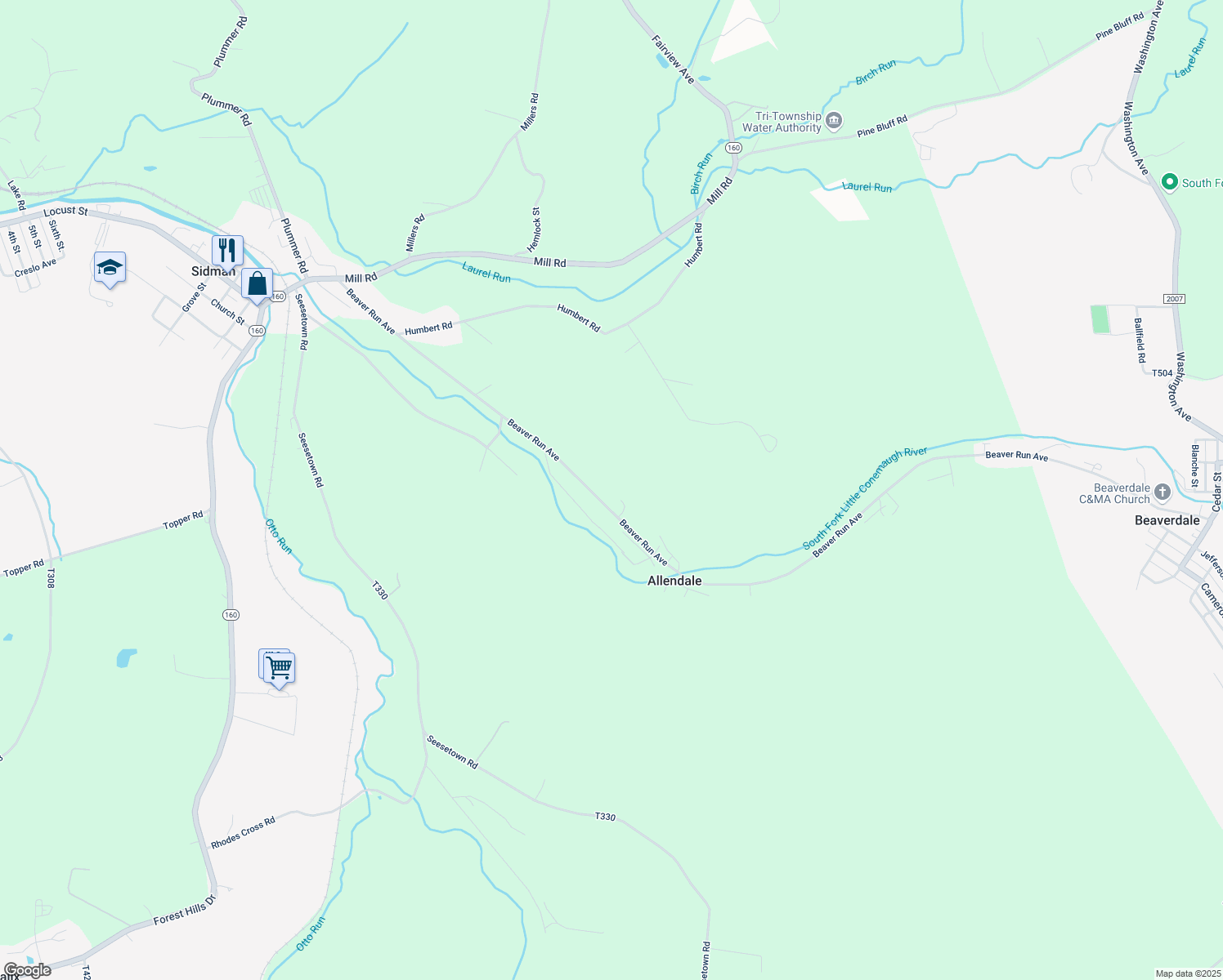 map of restaurants, bars, coffee shops, grocery stores, and more near 496 Beaver Run Avenue in Sidman