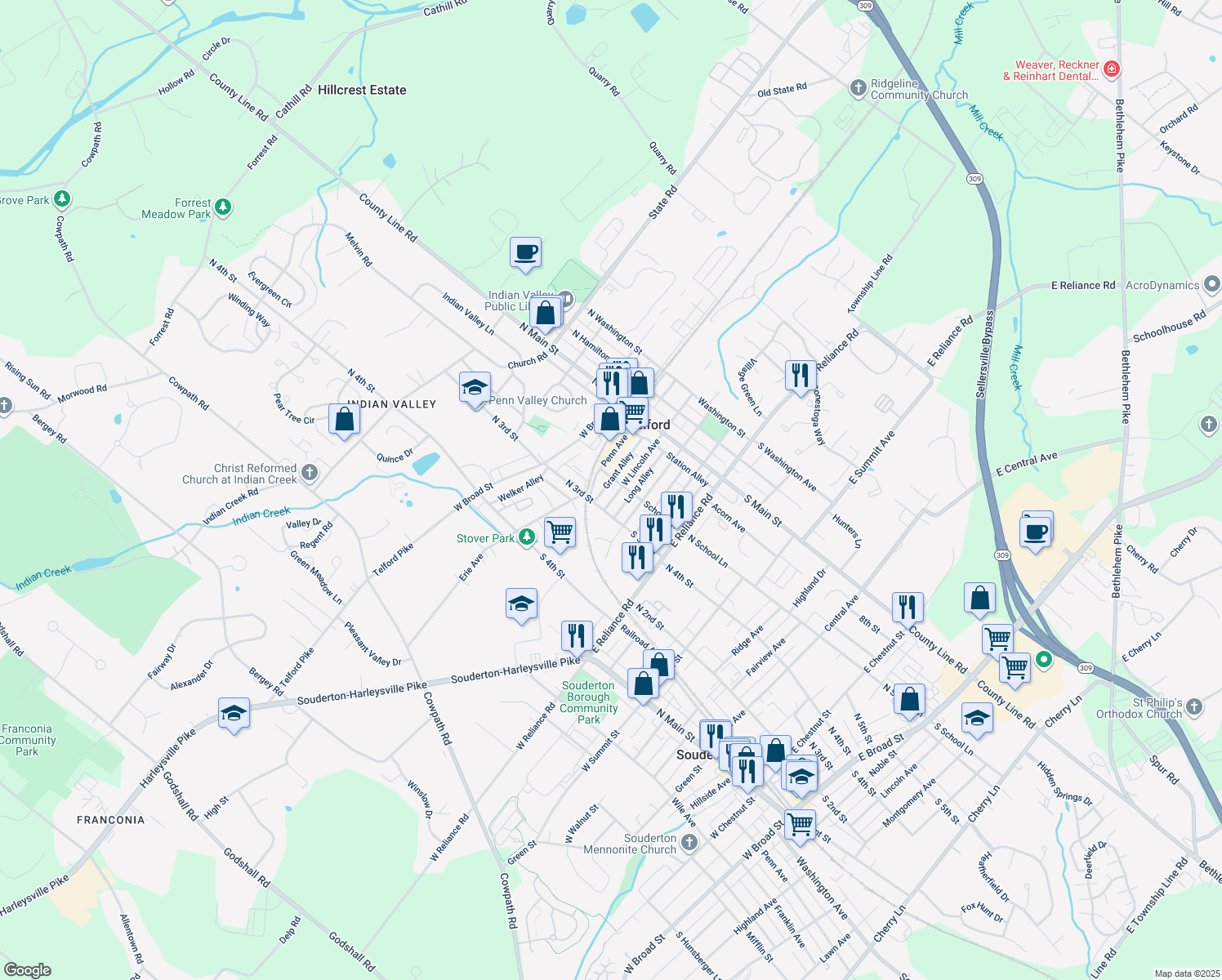 map of restaurants, bars, coffee shops, grocery stores, and more near 213 West Lincoln Avenue in Telford