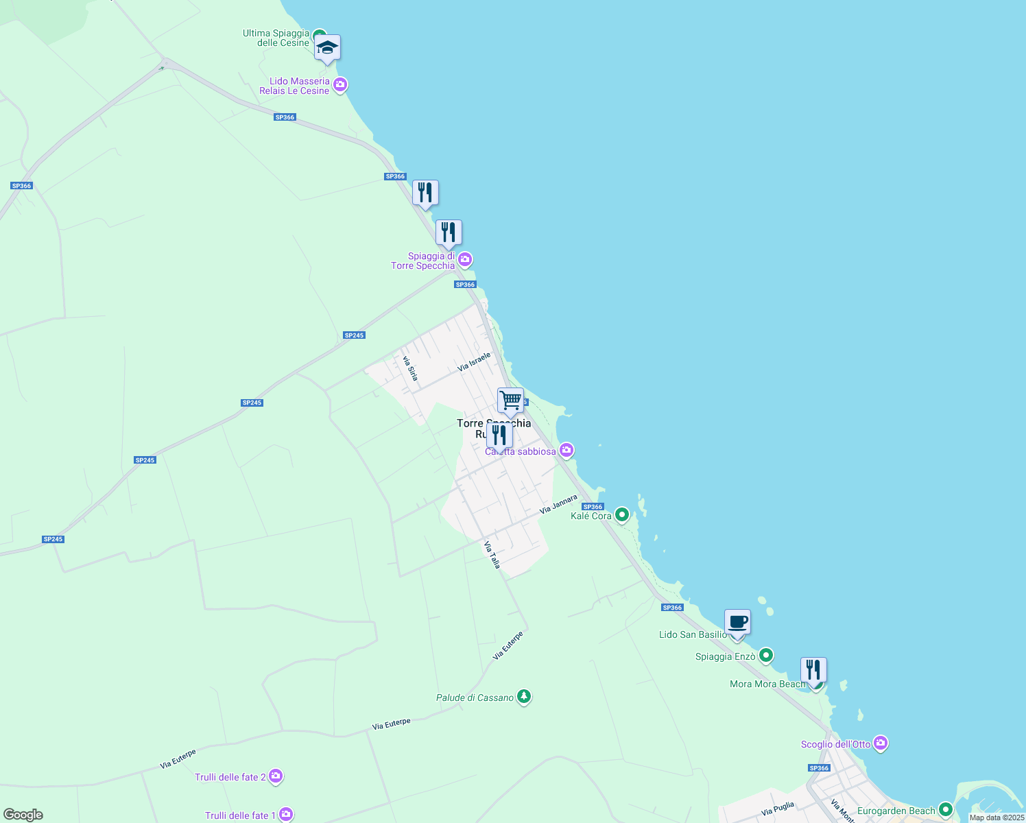 map of restaurants, bars, coffee shops, grocery stores, and more near 2 Via Plutone in Torre Specchia Ruggeri