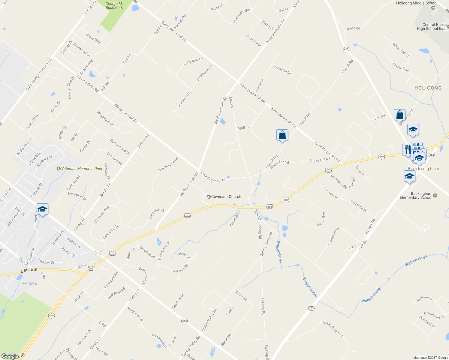 map of restaurants, bars, coffee shops, grocery stores, and more near 3110 Church School Road in Doylestown